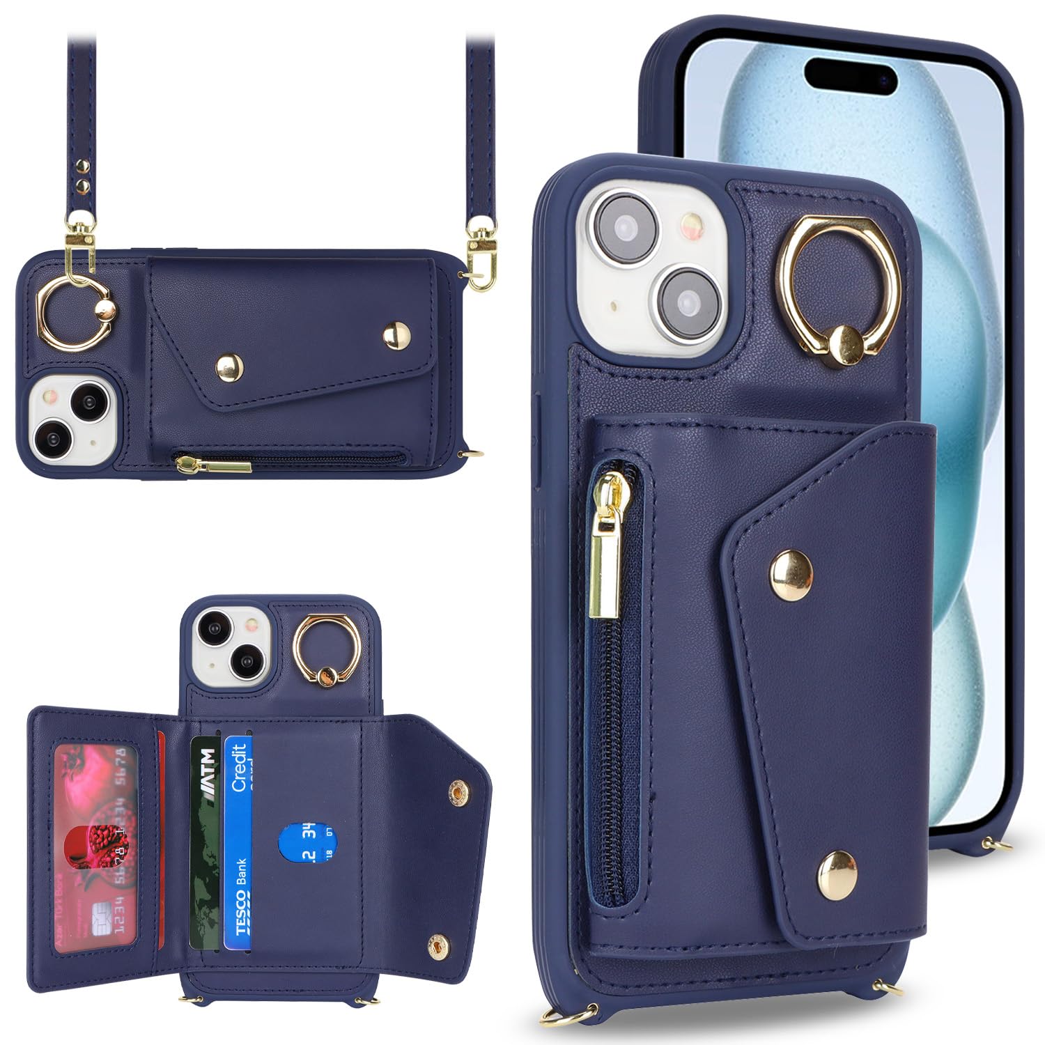 Premium iPhone 15 Wallet Case with Card Holder & Adjustable Crossbody Strap - Zipper Pocket, Stand Ring, 6.1 Inch Protective Phone Cover for Women (Dark Blue) - Perfect for Travel, Shopping & Everyday Use