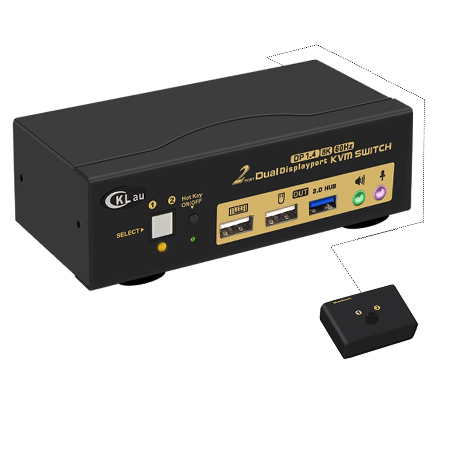 CKLau 2 Port USB 3.0 DisplayPort 1.4 KVM Switch - Dual Monitor 8K@30Hz 4K@144Hz with Audio & Cables - Hotkey Switching for Home Office & Gaming Setup