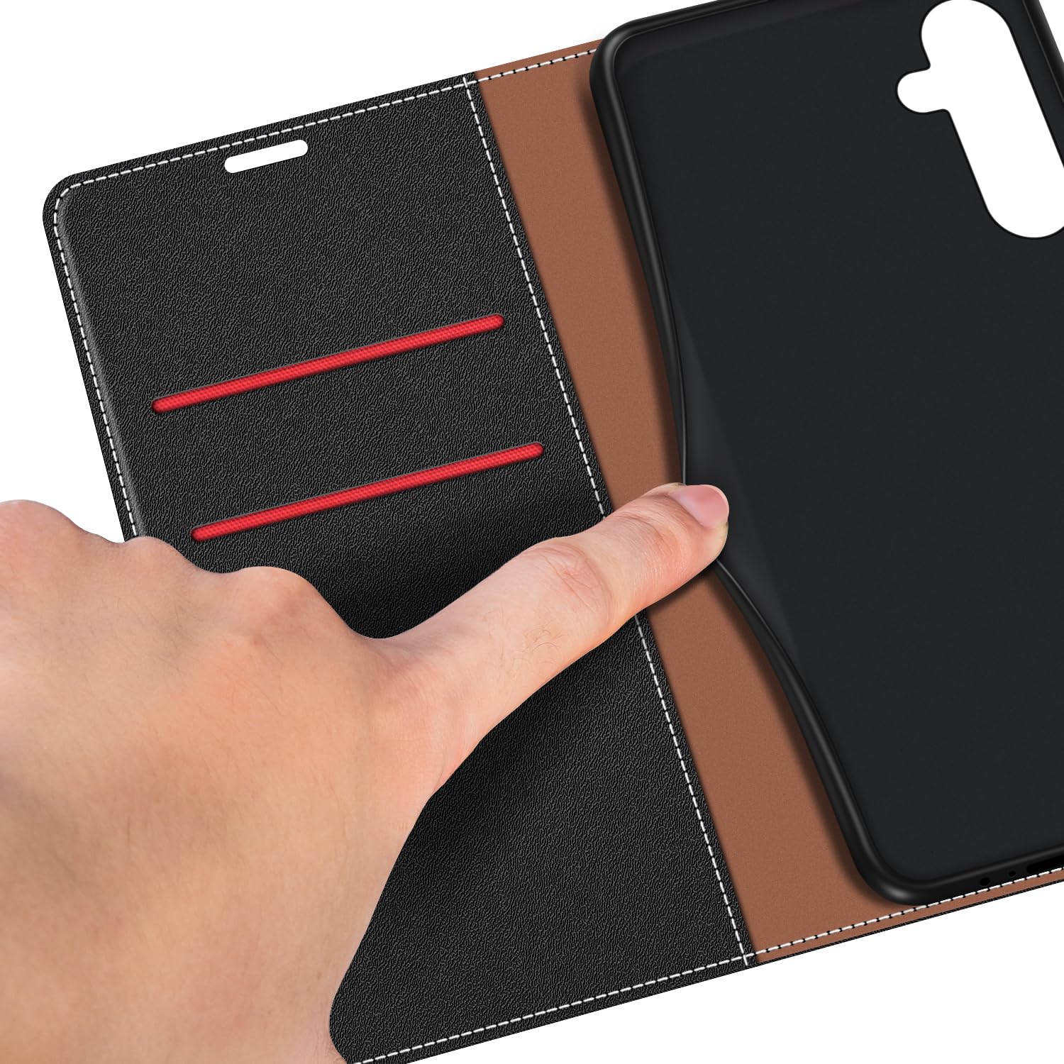 Samsung Galaxy A25 5G Leather Flip Phone Case - Premium PU Leather Protective Cover with Card Slots (Black/Red) | Slim Design for Everyday Use, Business & Travel