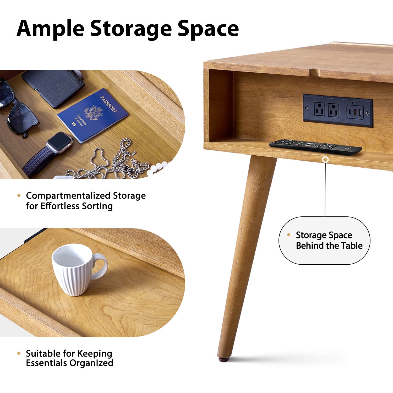 Vivian Mid-Century Modern Nightstand with USB Charging Station - Wooden Bedside Table with Drawer & Shelf - Perfect for Bedroom, Living Room, or Guest Room - Fast Charging & Stylish Storage Solution