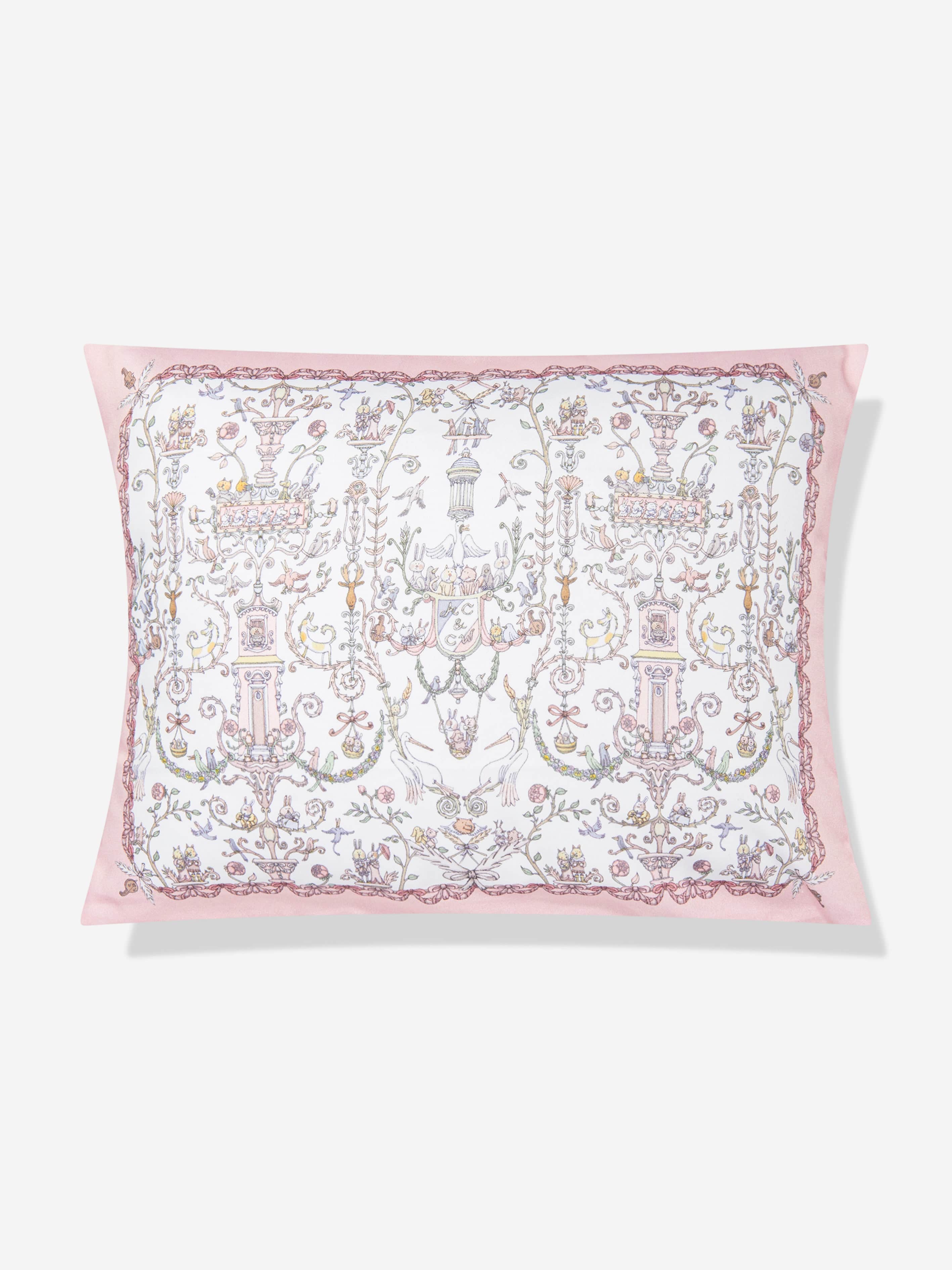 Atelier Choux & Caitlin Wilson Pink Satin Toile De Jouy Cushion Cover for Baby Girls - 40cm x 30cm - Perfect for Nursery Decor, Baby Showers & Gift Giving