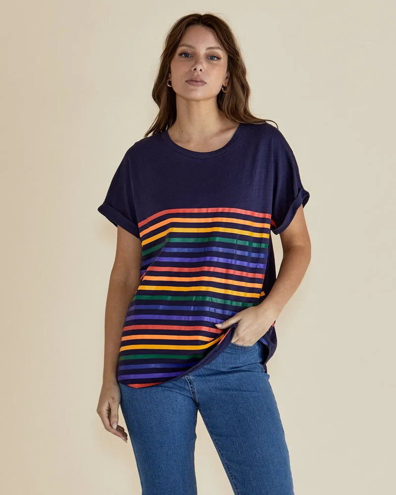 Hailey Short Sleeve T-Shirt for Women - Blue Rainbow Striped Casual Top | Perfect for Summer Outfits, Beach Days & Casual Wear
