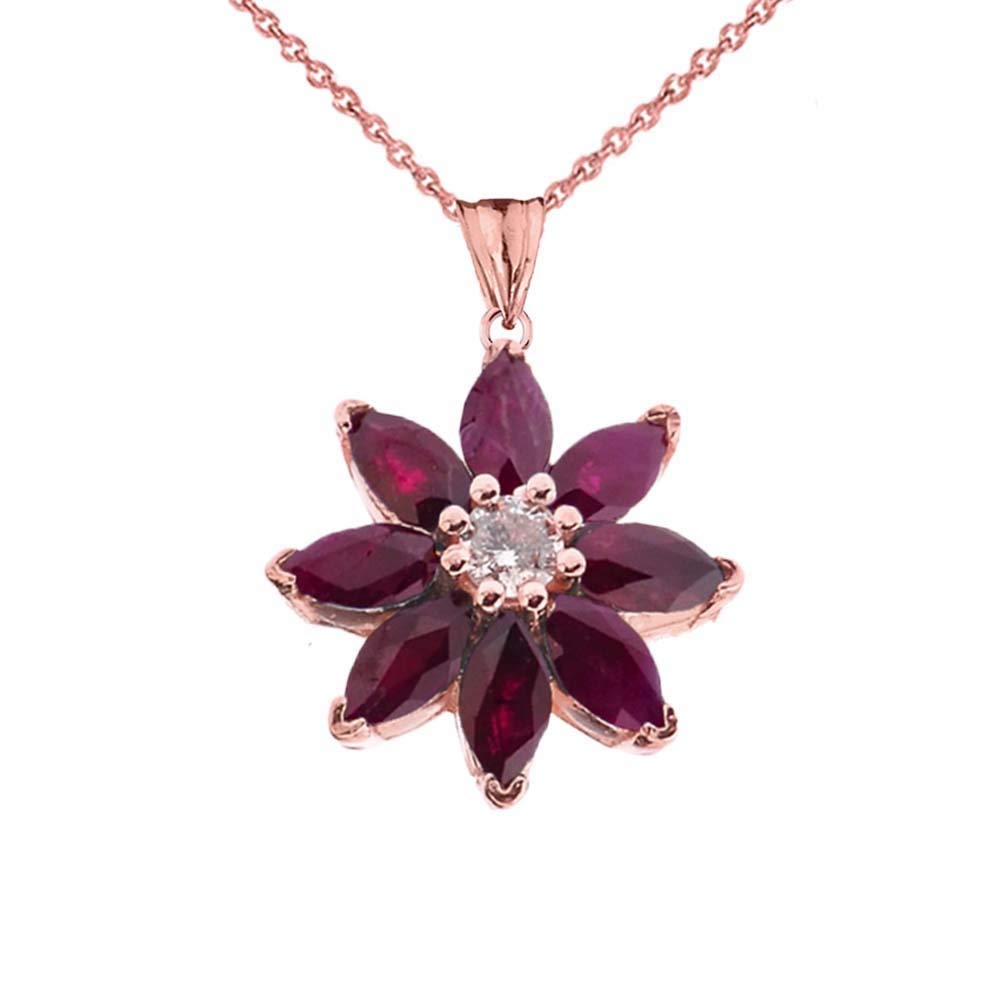 14K Gold Daisy Diamond & Ruby Flower Pendant Necklace - Elegant Floral Jewelry for Women, Perfect for Weddings, Anniversaries & Special Occasions