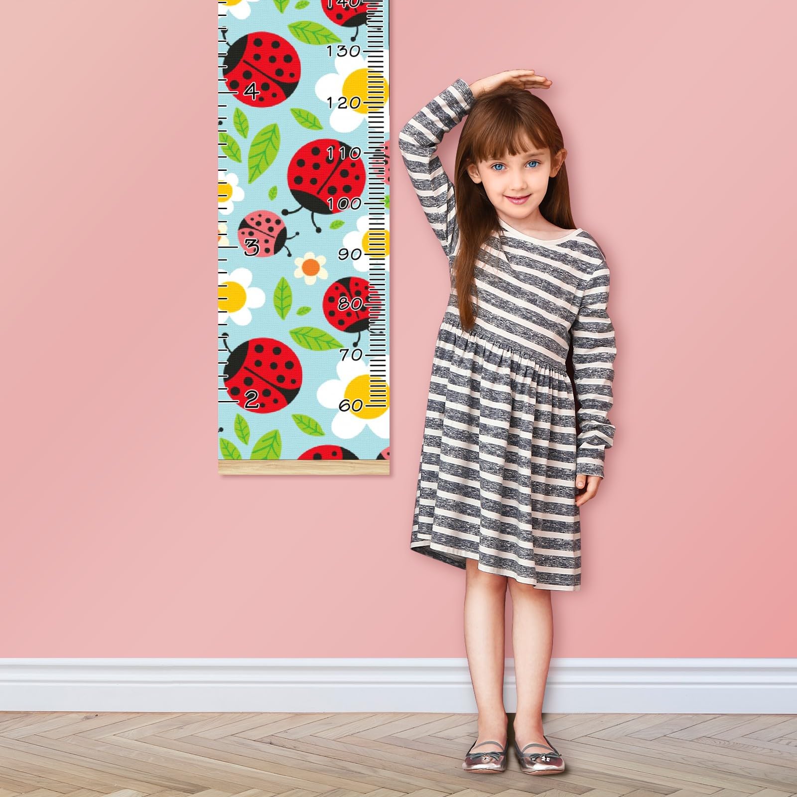 Personalized Kids Name Growth Chart Ruler - Wood Frame Wall Height Measure 13.4x56 Inches - Linen Hanging Growth Tracker with Ladybugs & Flowers Decor - Perfect for Nursery, Bedroom, Playroom & Gift Ideas