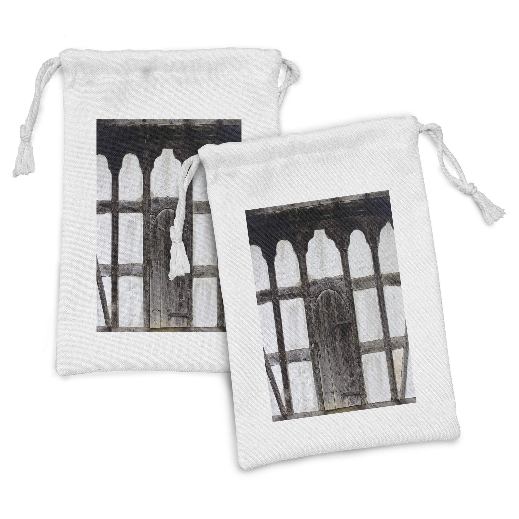 Ambesonne 2-Pack Fabric Drawstring Pouches - Farmhouse Shutters Design, Charcoal & White, 9