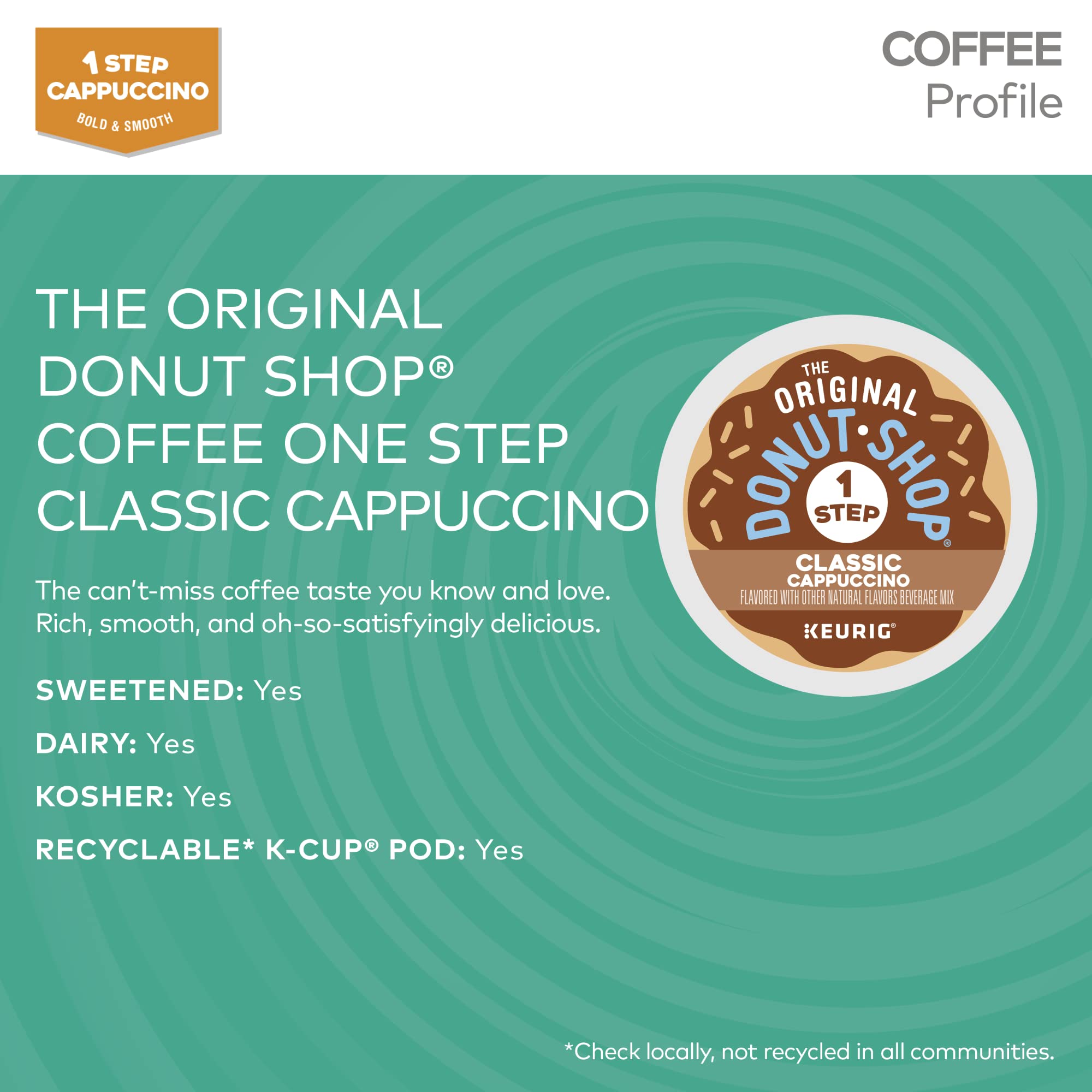 Original Donut Shop One-Step Classic Cappuccino K-Cup Pods for Keurig - 20 Count Single-Serve Coffee Pods - Perfect for Office, Home Brewing & Morning Coffee Break