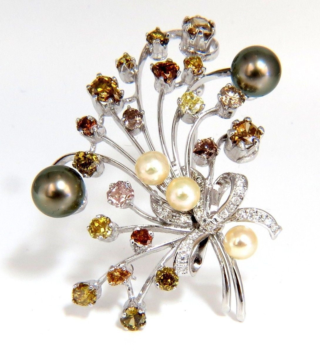 6.00ct Natural Fancy Color Yellow Orange Brown Pink Diamond Brooch with Pearl - Elegant Jewelry for Weddings, Parties & Special Occasions