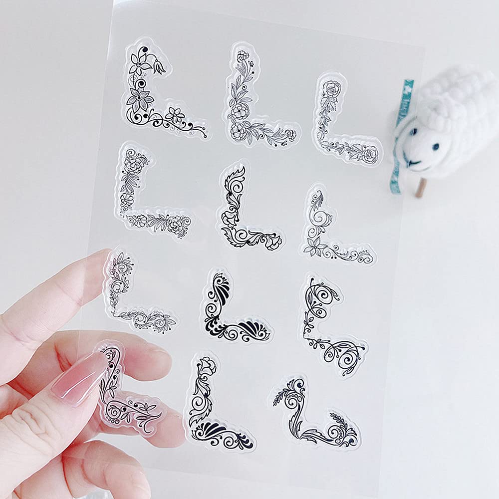 12pcs Corner Lace Flower Clear Stamps for Card Making, DIY Scrapbooking, Embossing & Album Decor - Transparent Silicone Seal Stamps for Beautiful Borders & Craft Projects - Perfect for Wedding Invitations, Journals & Handmade Greeting Cards
