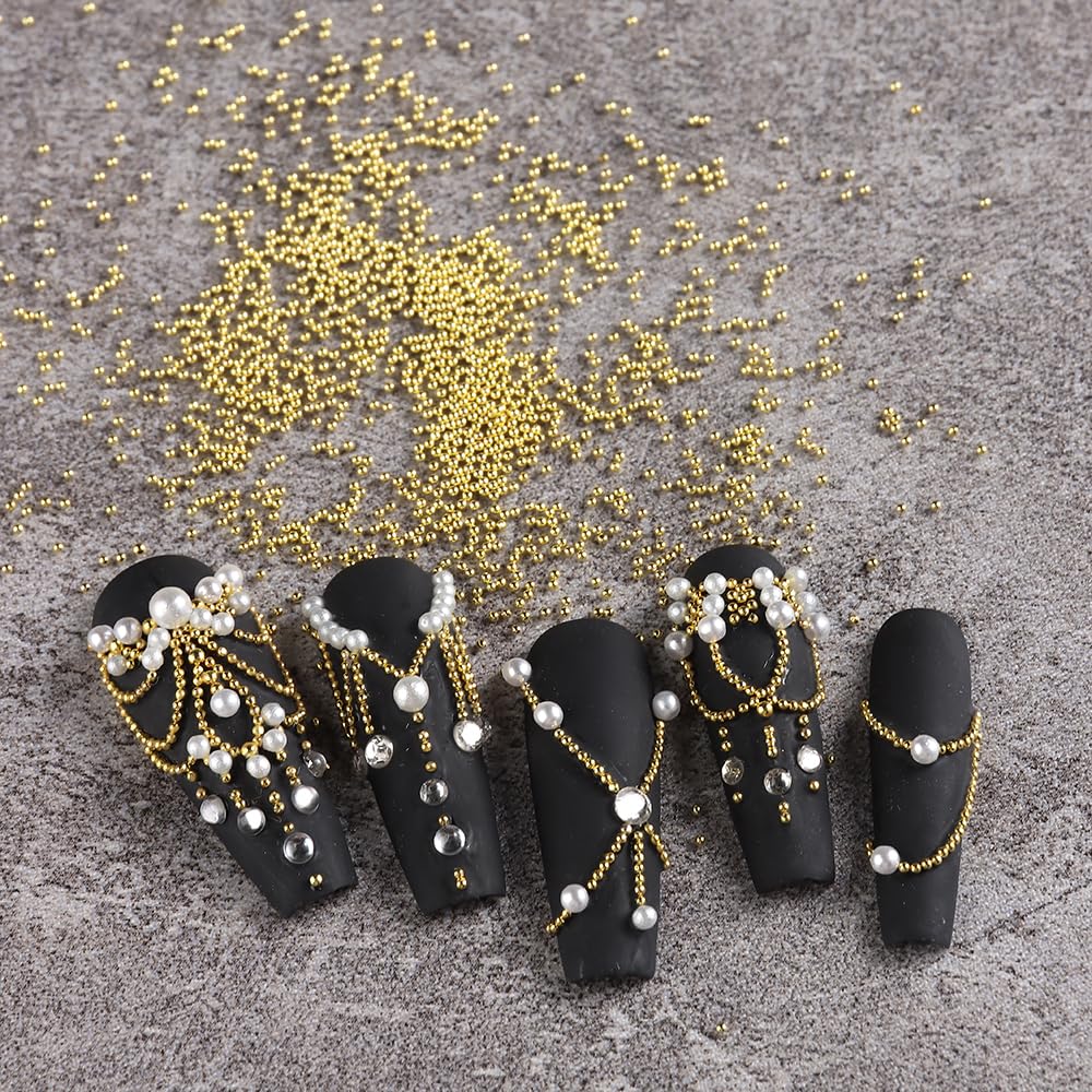 3 Boxes Nail Art Charms Kit - Gold Silver Mini Metal Caviar Beads, White Round Pearls, Flatback Rhinestones with Dotting Tools for Manicure & Nail Decoration | Perfect for DIY Nail Art, Salon Use, and Gift Giving