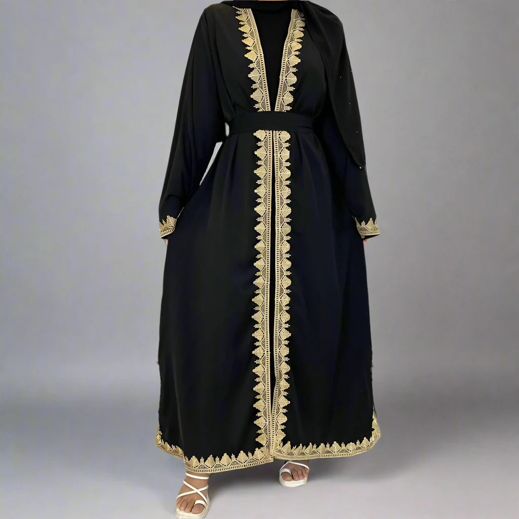 Elegant Embroidered Long Robe Cardigan Open Abaya Dress for Muslim Women - Modest Islamic Fashion for Prayer, Home & Special Occasions