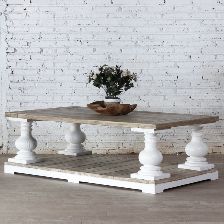 Handmade Solid Mango Wood Coffee Table with Pillar Legs - Ethreal Whites Indian Furniture for Living Room, Lounge & Office Decor