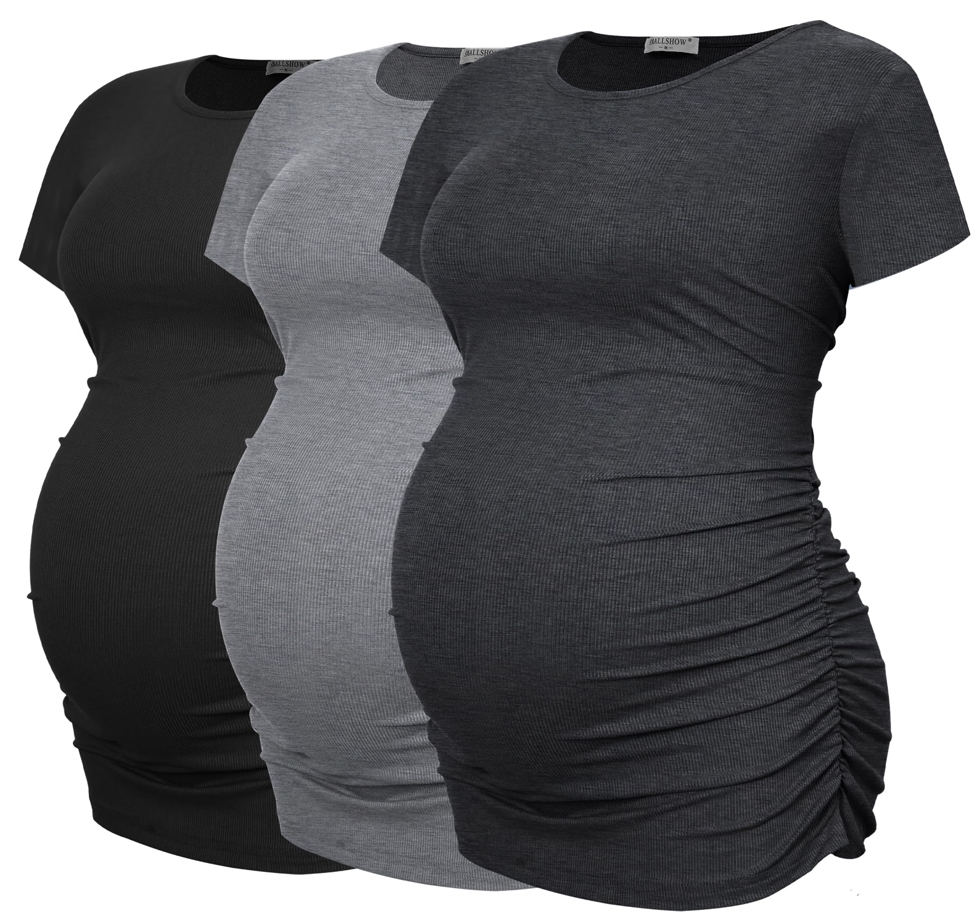 Smallshow Women's Maternity Shirts - Stretchy Ribbed Ruching Pregnancy Tops (3-Pack) for Comfort & Style - Perfect for Work, Casual Wear & Nursing