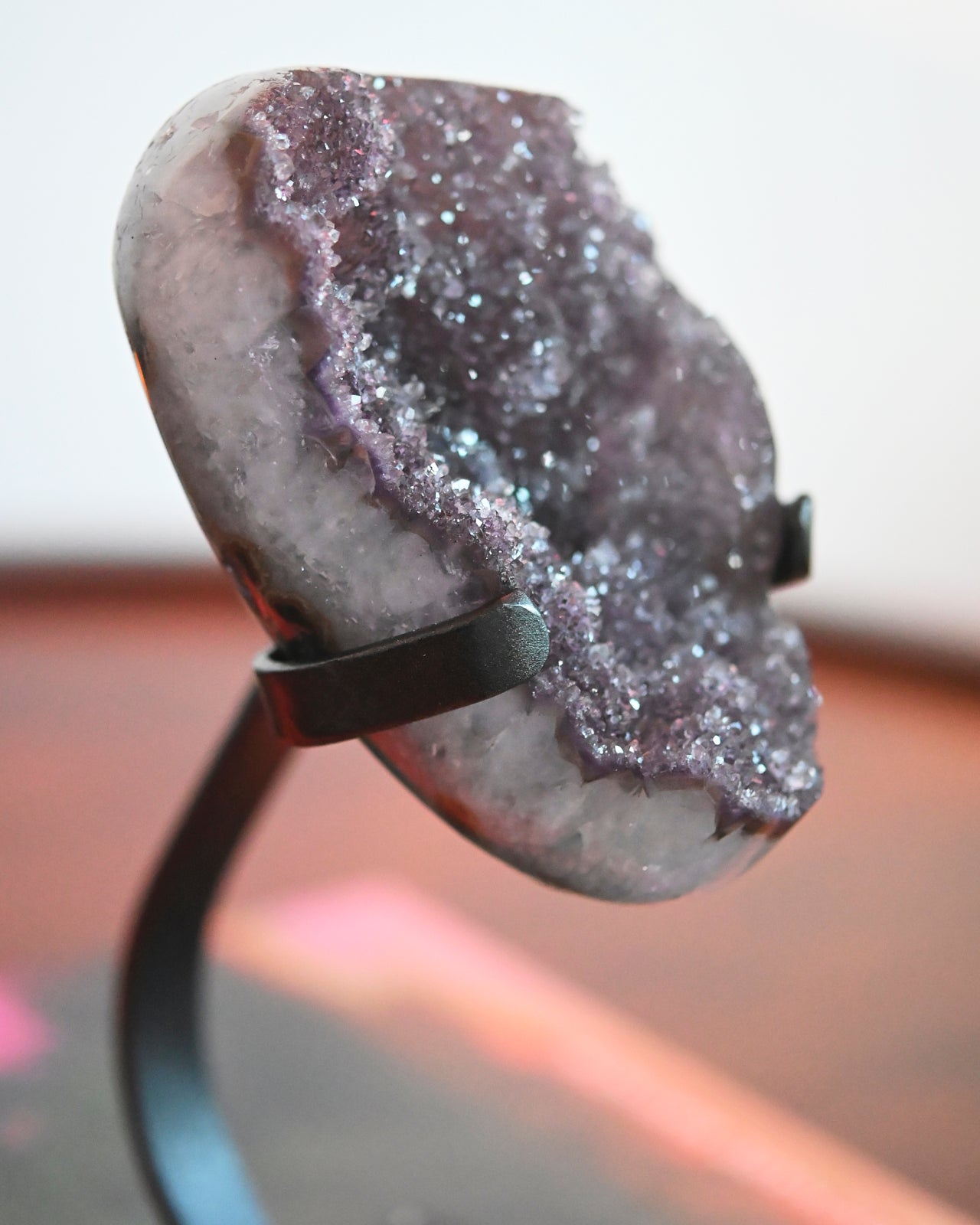 Natural Amethyst Crystal Geode on Wooden Stand - 3.1lbs Raw Purple Quartz Cluster for Home Decor, Meditation & Healing | Perfect for Living Room, Office & Spiritual Space