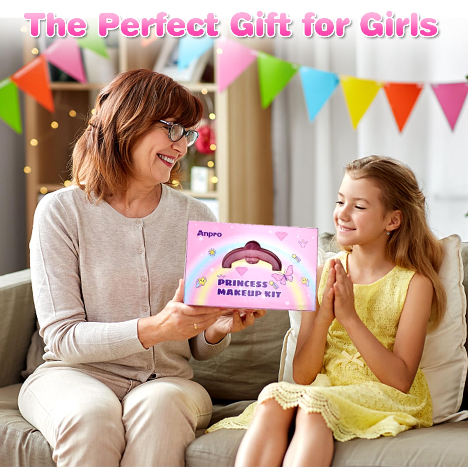 Anpro 68PCS Washable Kids Makeup Kit - Princess Cosmetic Set for Girls Ages 3-10 | Non-Toxic, Hypoallergenic | Perfect Birthday & Christmas Gift (Pink) | Pretend Play, Dress Up, Party Fun