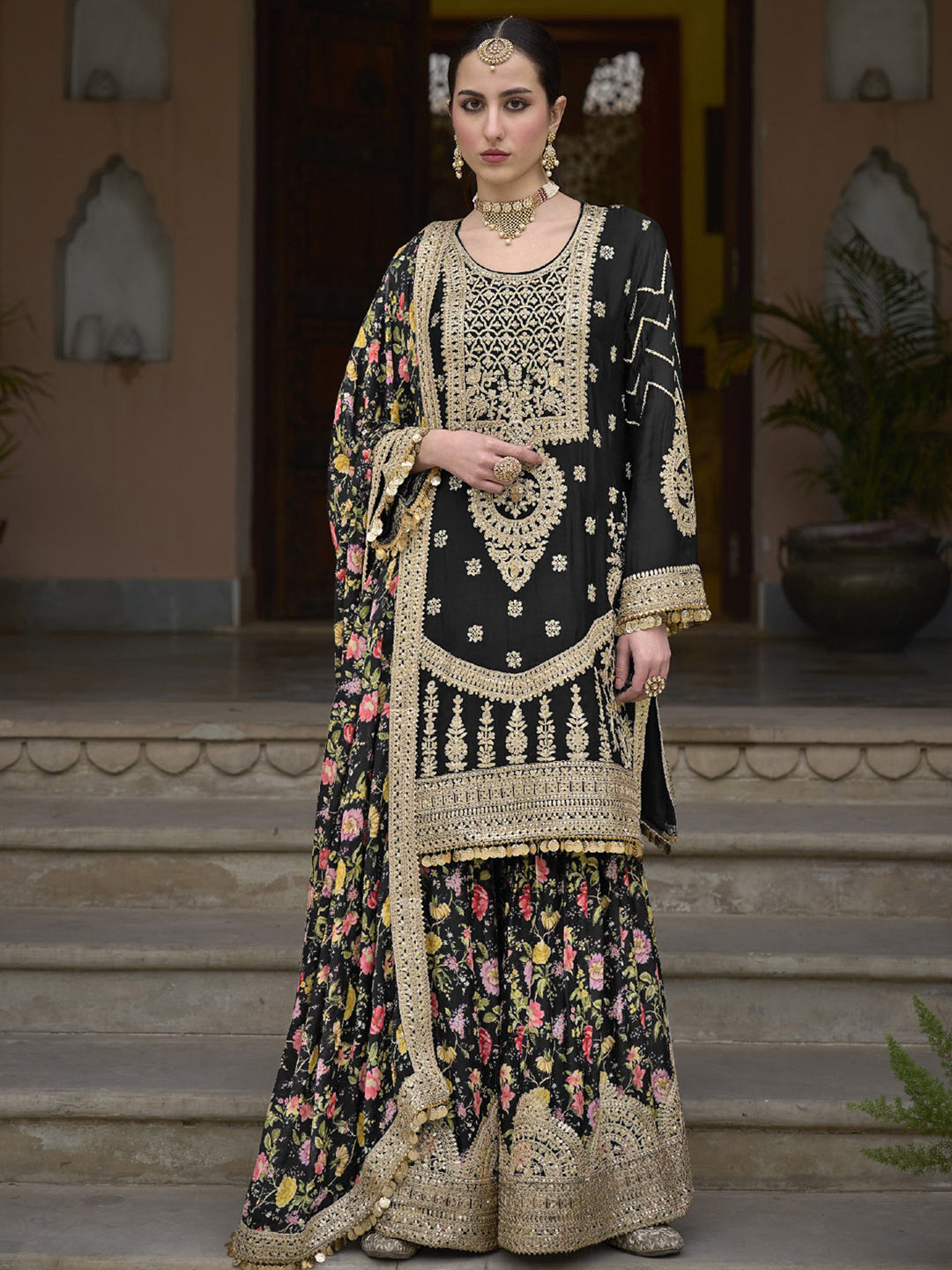 Elegant Black Heavy Chinon Designer Sharara Suit with Embroidery, Sequins & Mirror Work - Perfect for Weddings, Parties & Special Occasions