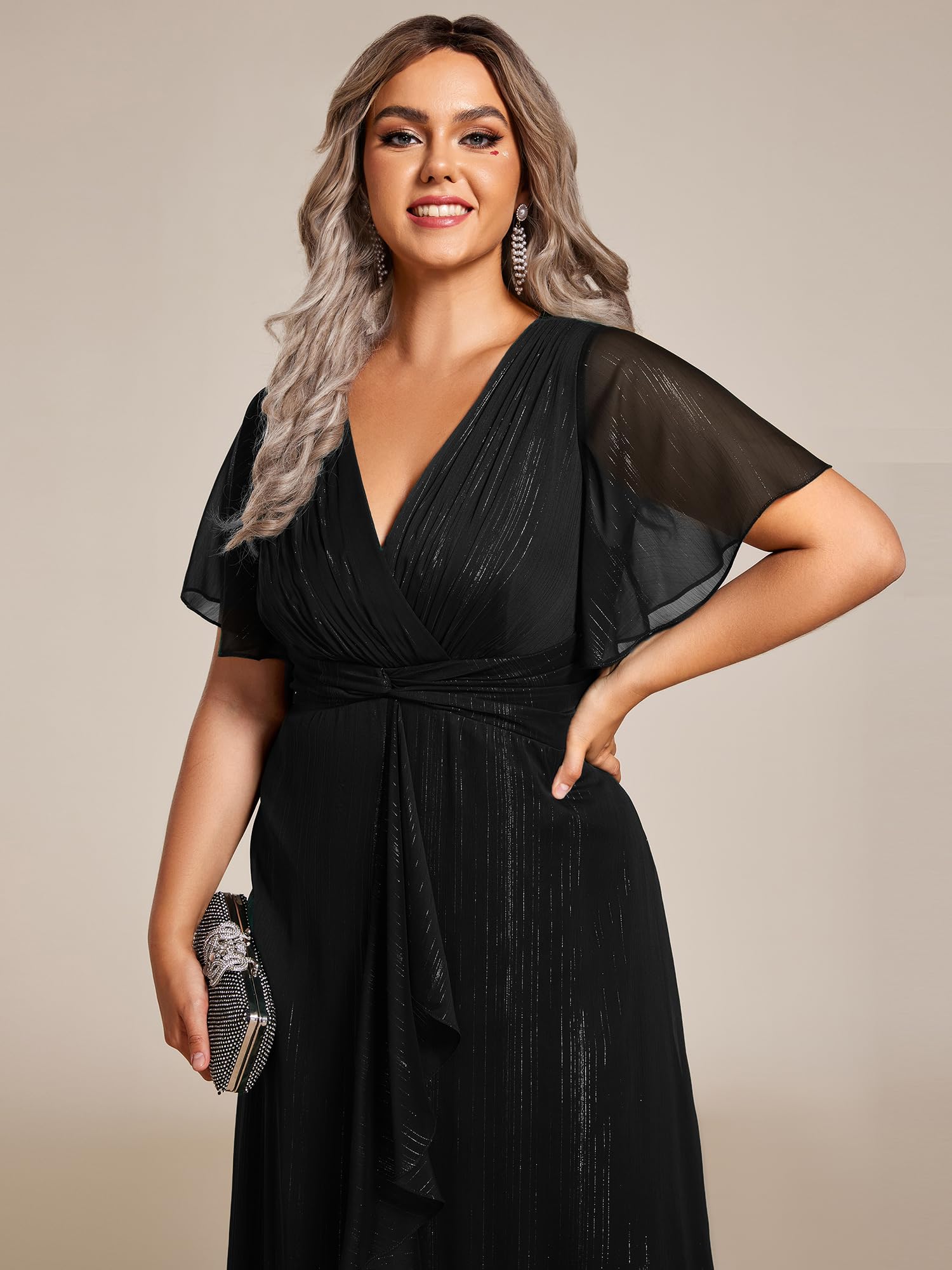 Ever-Pretty Plus Size Women's V-Neck Pleated A-Line Midi Dress - Short Sleeve Semi-Formal Dress for Weddings, Parties & Office Wear (Style 02131-DA)