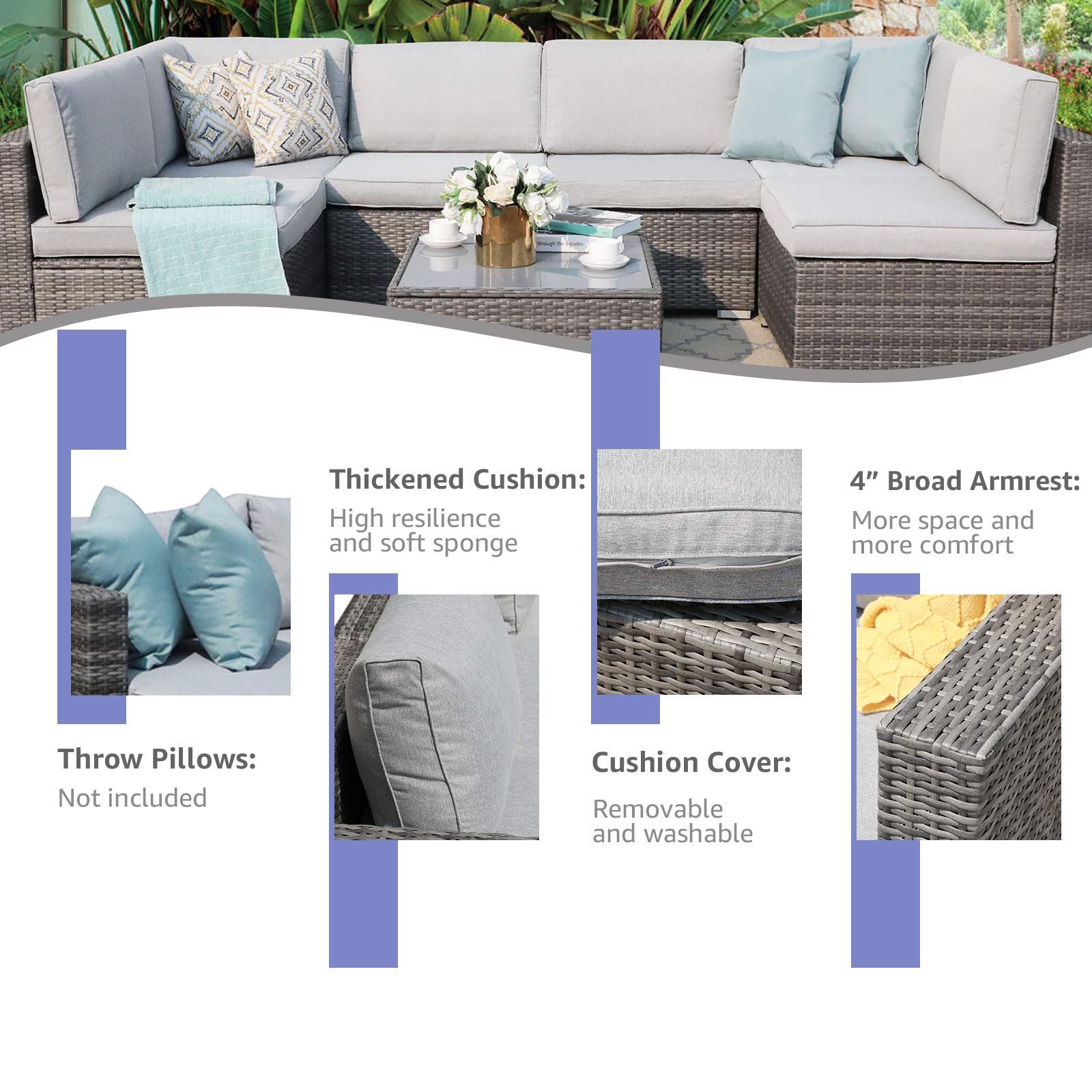 7-Piece All-Weather Outdoor Patio Furniture Set - Grey PE Wicker Rattan Sectional Sofa with Glass Table & Cushions - Perfect for Garden, Porch, Backyard and Poolside Relaxation