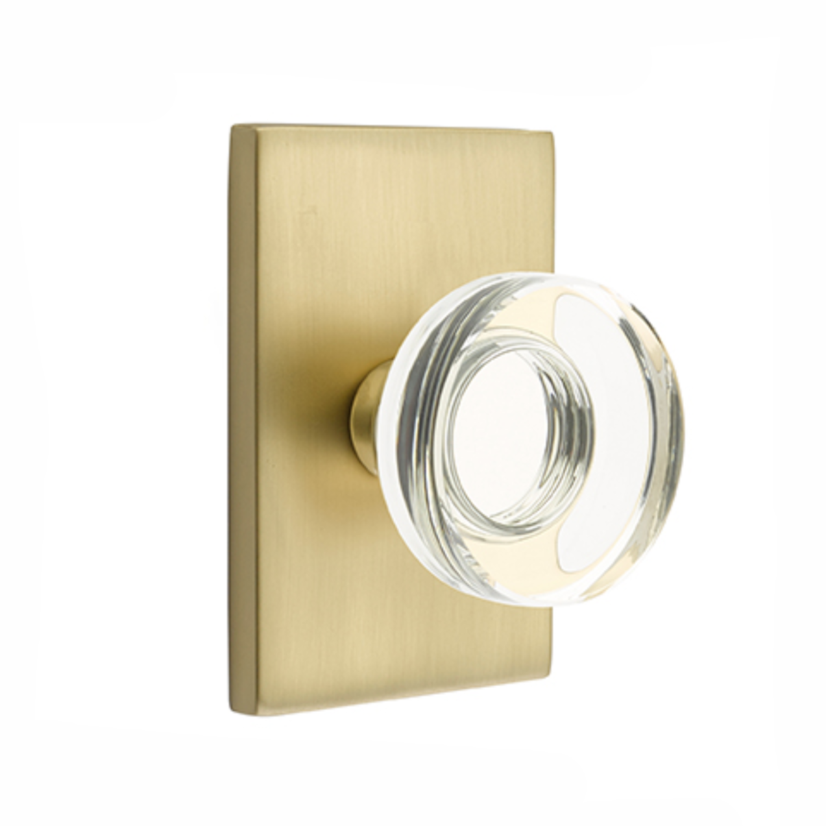 Modern Disc Crystal Knob in Satin Brass - Elegant Door Handle with Rectangular Rosette for Bedroom, Bathroom & Closet Doors