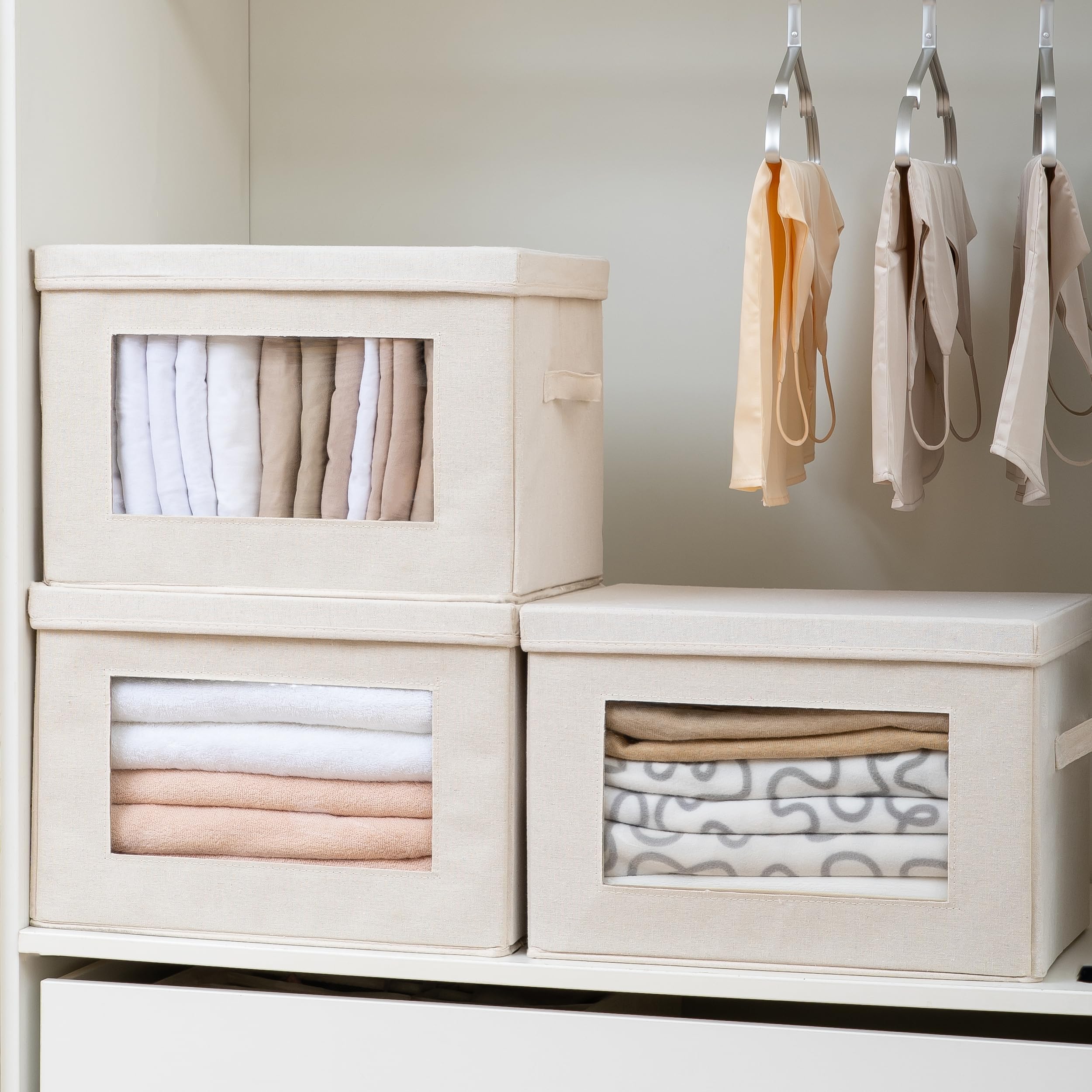 Citylife 4-Pack Foldable Fabric Storage Bins with Lids & Soft Cord Handles - Closet Organizer Baskets for Clothes, Books & Home Organization (Beige) | Perfect for Bedroom, Nursery & Office Storage Solutions