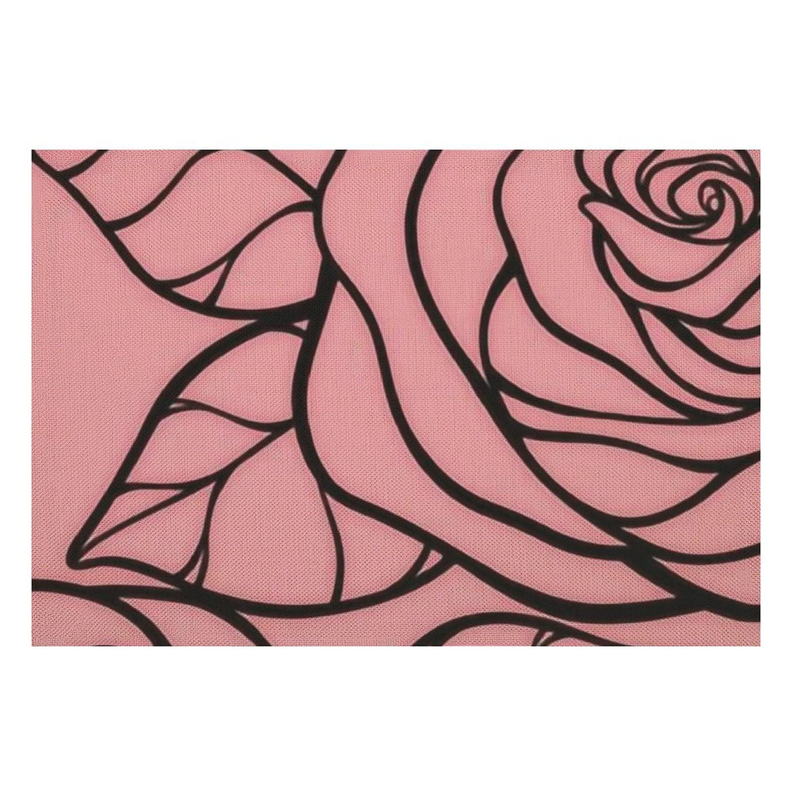 Large Rose Cutout Pattern Pink and Black Linen Placemat, Waterproof Table Mat for Kitchen, Dining Room Decoration, 17.7