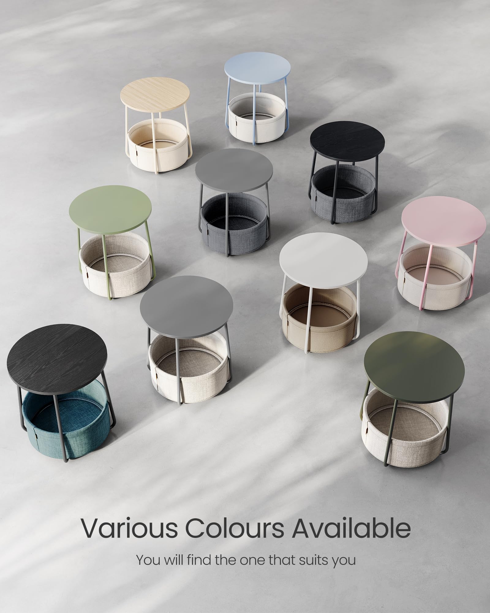 VASAGLE Round Side Table with Fabric Basket - Modern End Table for Living Room, Bedroom, or Nightstand - White and Beige LET223W10 - Perfect for Small Spaces, Home Decor, and Extra Storage