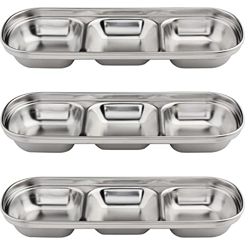 3-Piece Stainless Steel Divided Sauce Bowls - 3 Grid Dipping Dishes for Soy Sauce, Ketchup, Seasoning & Sushi | Perfect for Restaurants, Sushi Bars, Home Kitchens & Party Platters
