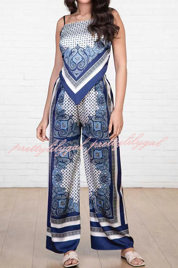 Fashionable Printed Sling Backless Strappy Top with Elastic Waist Loose Pants Set - Women's Casual Outfit for Summer Beach, Vacation and Streetwear