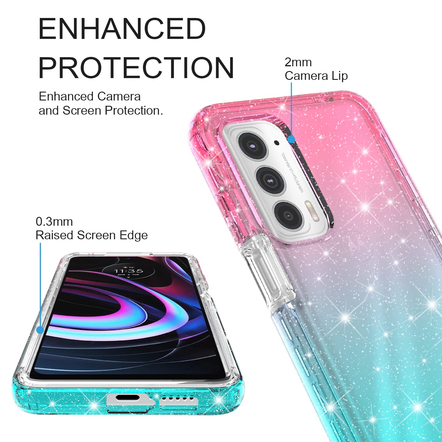 Rosebono Glitter Case for Motorola Edge Plus 2022 - Pink/Teal Hybrid Cover for Daily Protection