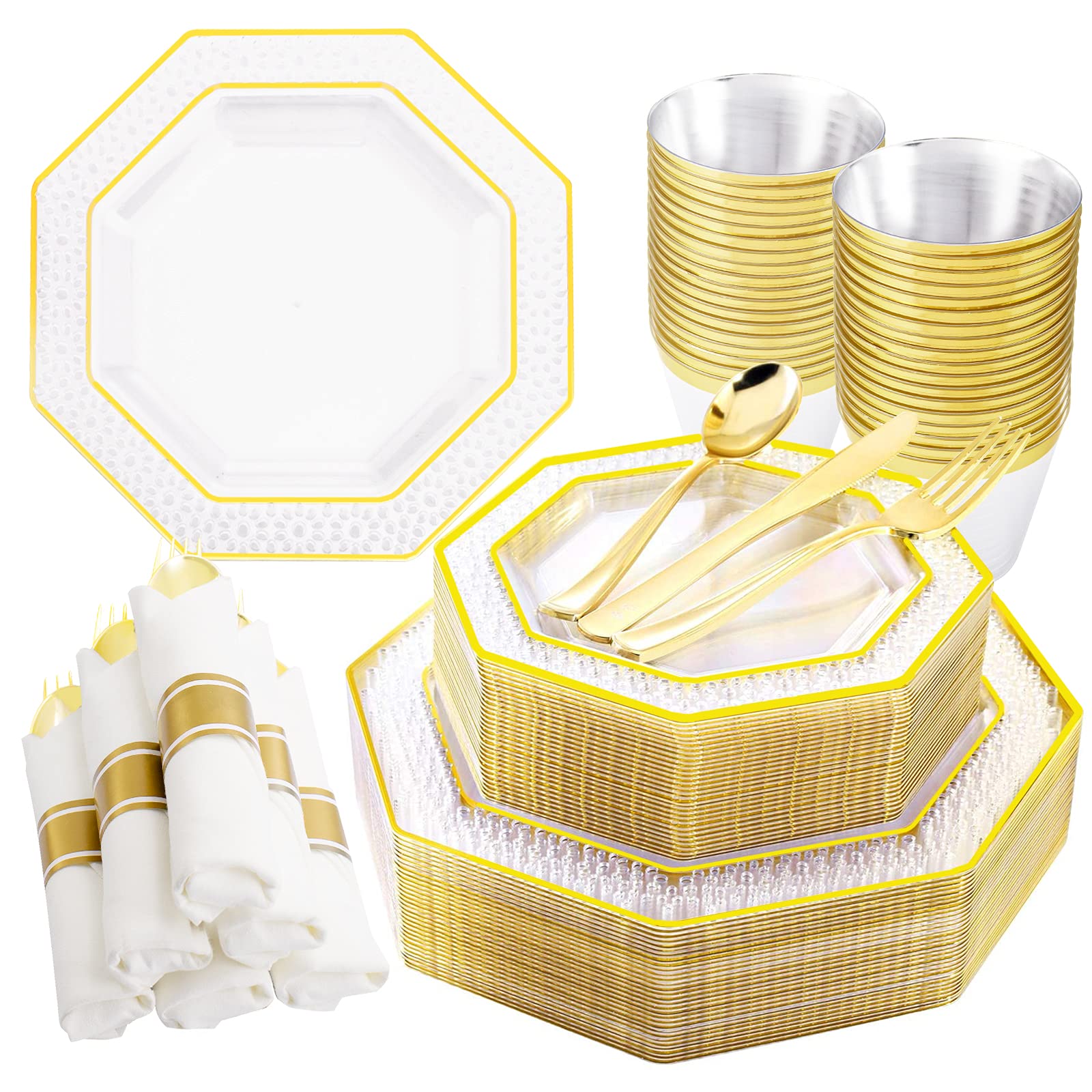 DaYammi 30-Piece Gold Plastic Party Dinnerware Set - 30 Clear Gold Dinner Plates, 30 Dessert Plates, 30 Cups & 30 Napkins - Elegant Disposable Tableware for Father's Day Celebrations, Birthday Parties, Weddings & Special Events