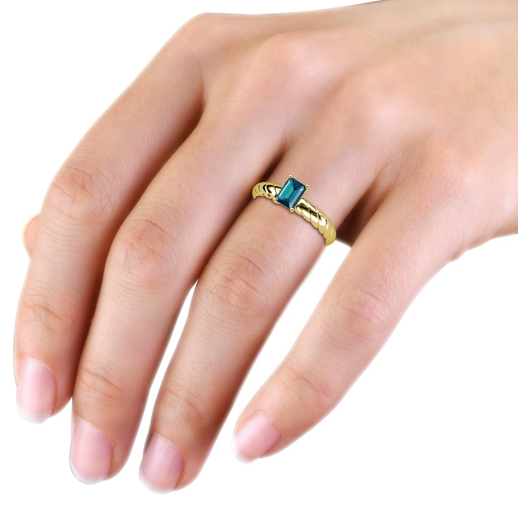London Blue Topaz 7x5mm Emerald Cut Solitaire Rope Engagement Ring - 0.90 Carat 14K Yellow Gold - Perfect for Proposals, Weddings & Anniversary Gifts