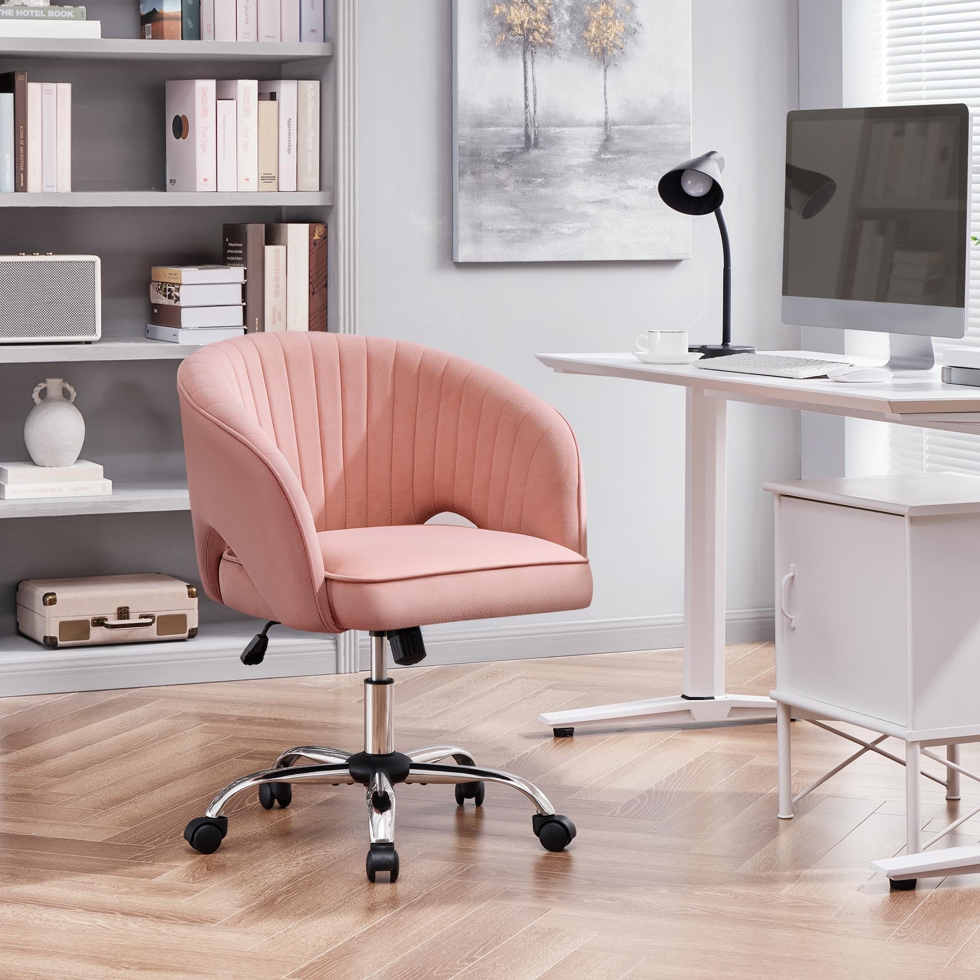 Yaheetech Pink Modern Swivel Rolling Desk Chair with Back - Ergonomic Home Office Chair, Vanity Chair for Study, Bedroom & Workspace - Comfortable Computer Chair for Women & Girls