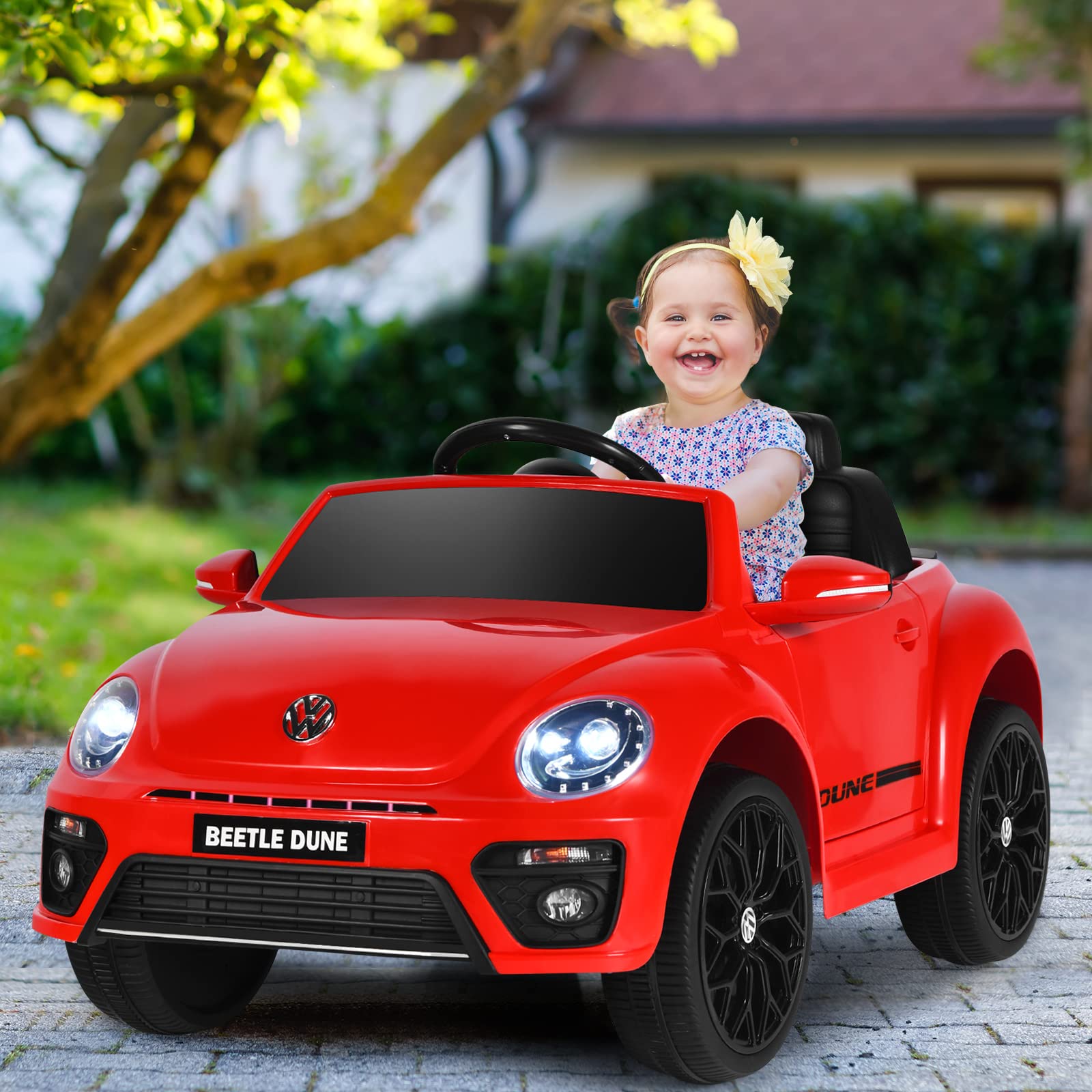 Costzon 12V Licensed Volkswagen Beetle Kids Ride-On Car with Remote Control - Electric Battery-Powered Vehicle for Boys & Girls, Spring Suspension, LED Lights, USB Port, Horn & Music - Perfect Birthday Gift & Outdoor Play Toy (Red)