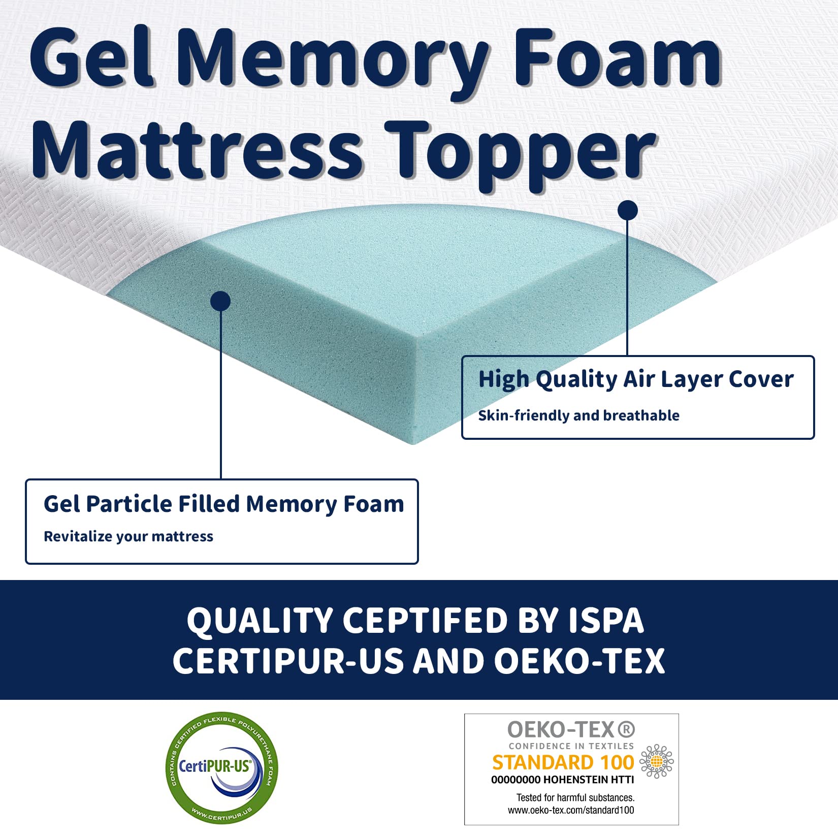GARVEE 3 Inch Gel Infused Memory Foam Mattress Topper - Queen Size High Density Cooling Mattress Pad with Removable Washable Cover & Non-Slip Bottom for Back Pain Relief - Perfect for Hot Sleepers, Guest Beds & Dorm Rooms