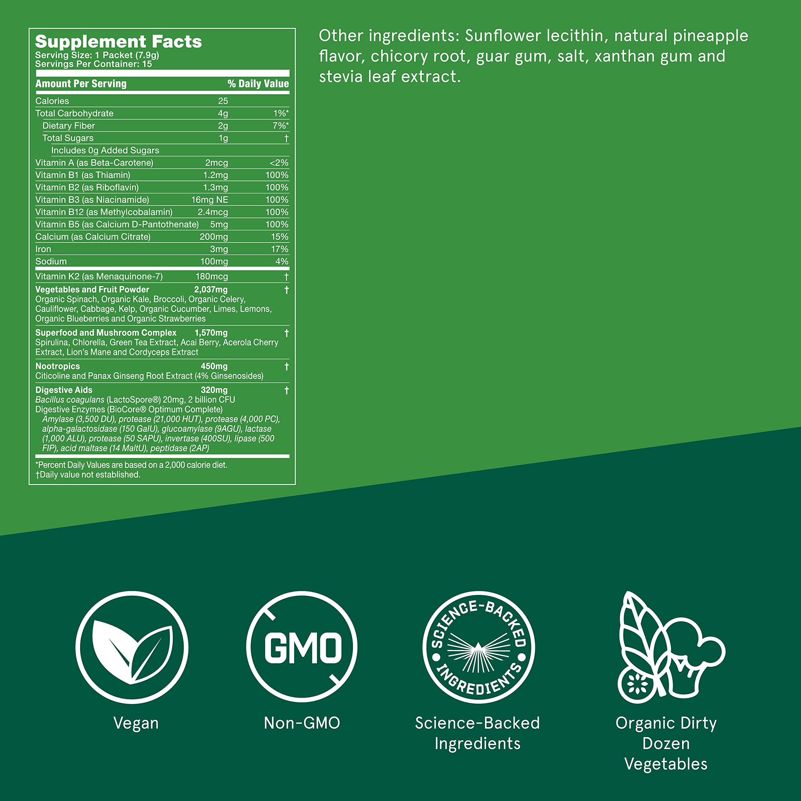 Bulletproof Greens Superfood Powder - 8.4oz (35 Superfoods & 15 Single-Serve Packets) for Daily Wellness, Energy & Immunity Boost - Perfect for Smoothies, Juices & On-the-Go Nutrition