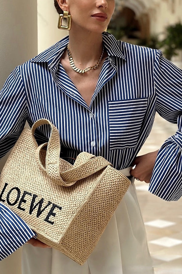 Women's Striped Print Ruffled Long Sleeve Blouse with Pockets - Casual Loose Fit Shirt for Work, Date Night & Everyday Wear