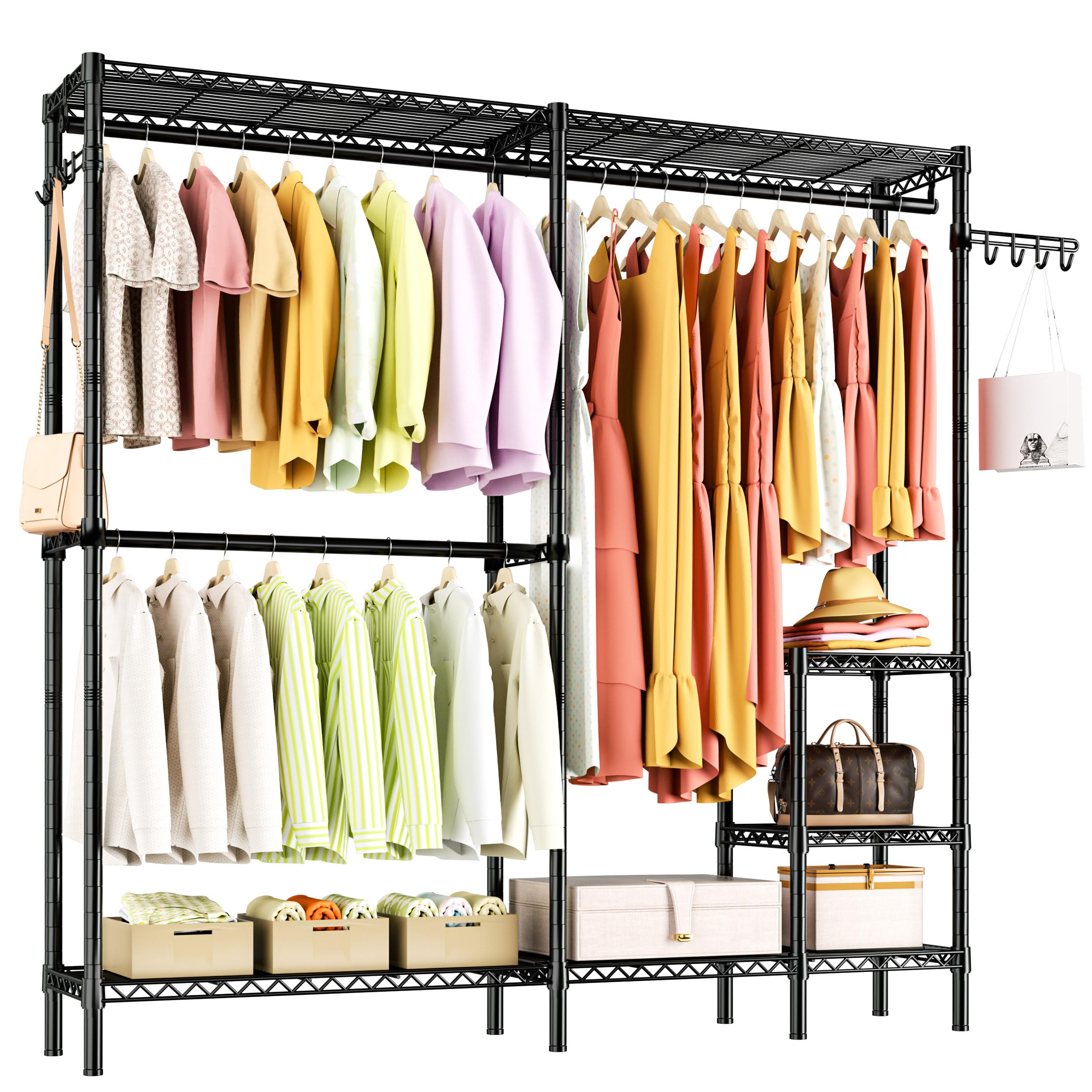 Heavy Duty Metal Clothes Rack - 4 Tier Adjustable Garment Rack with 3 Hanger Rods & 2 Hooks, 800lbs Capacity Freestanding Wardrobe System for Bedroom, Closet Organization & Laundry Room Storage