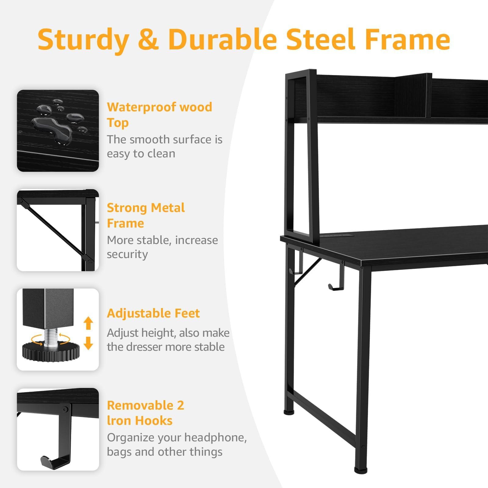 47 Inch Black Modern Computer Desk with Hutch & 3 Drawers - Home Office Desk with Storage & Power Outlets, Study Writing Desk for Bedroom, Small Spaces & Remote Work