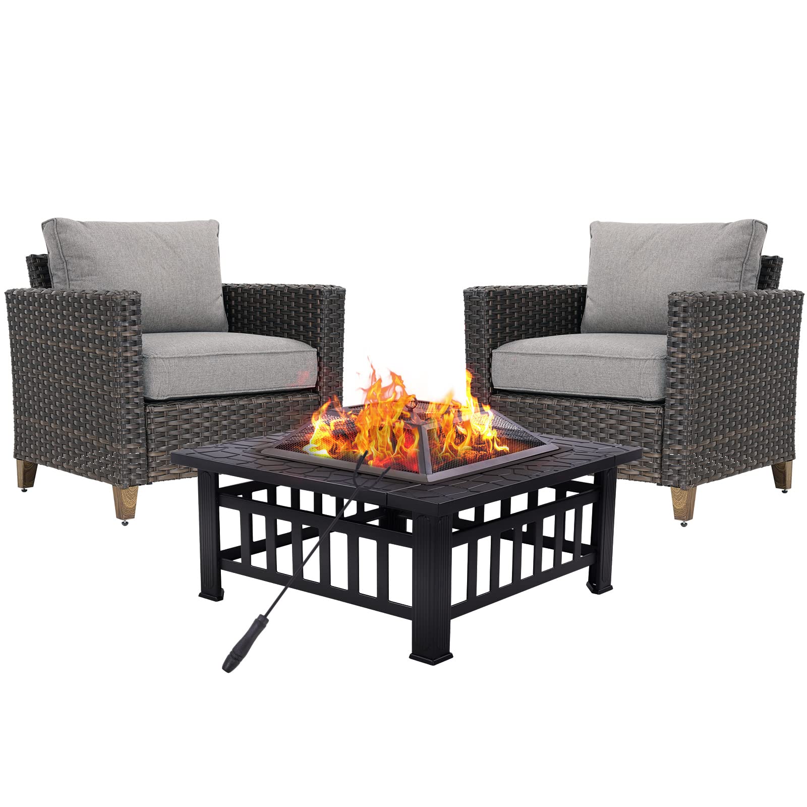 Grand Patio 3-Piece Outdoor Sectional Sofa Set with Wood Burning Fire Pit - PE Rattan Garden Furniture with Thick Cushions for Backyard, Porch & Patio - Perfect for Entertaining & Relaxing by the Fire