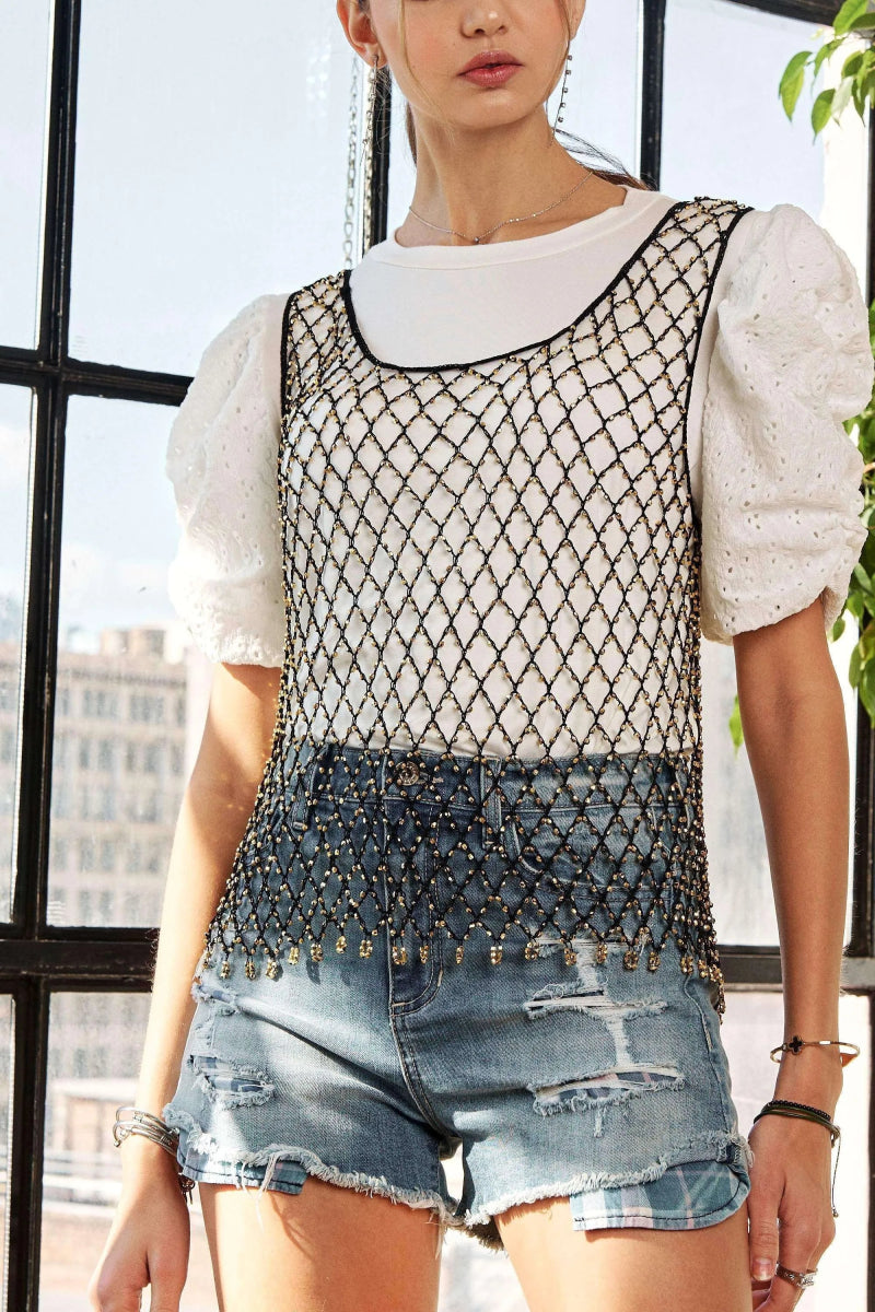 ADORA Beads Accent Fishnet Tank Top for Women - Sexy Mesh Crochet Summer Tops for Clubbing, Beach & Bold Fashion Outfits