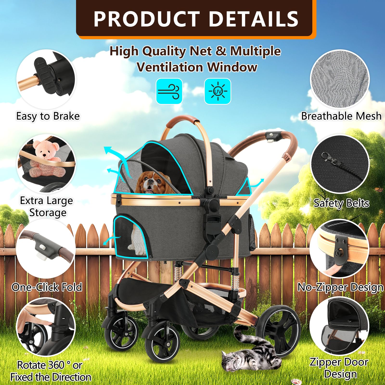 Premium 3-in-1 Folding Lightweight Pet Stroller with Detachable Carrier & Storage Basket - 4-Wheel Travel Stroller for Dogs, Cats, Puppies & Kittens (Gray) | Perfect for Outdoor Walks, Vet Visits & Shopping Trips