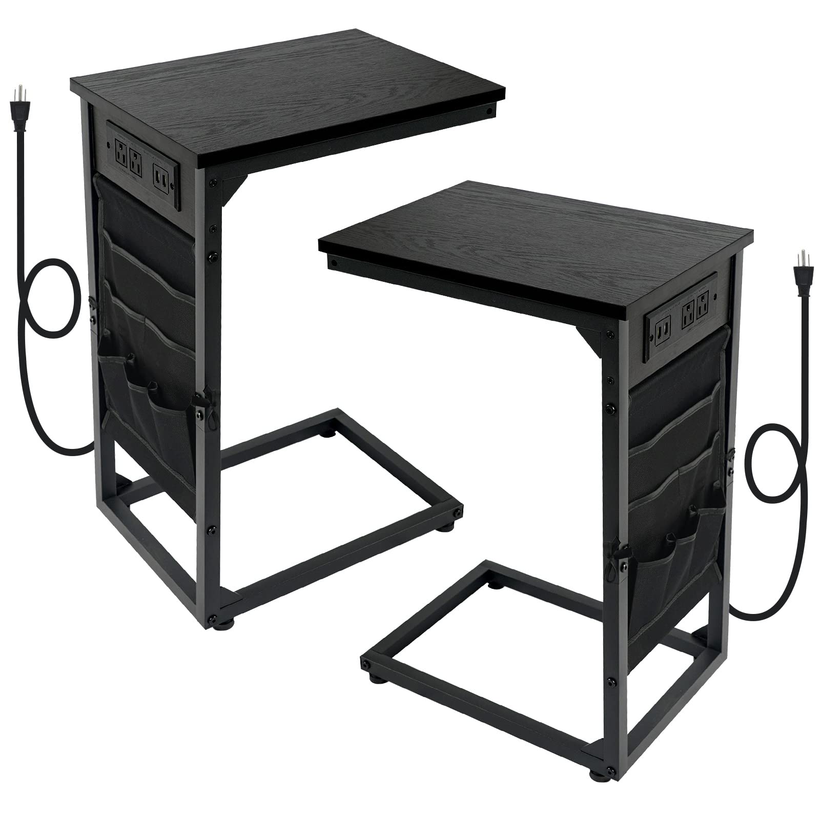 AMHANCIBLE Set of 2 C-Shaped End Tables with Charging Station - USB Ports & Outlets, Space-Saving Side Tables for Small Spaces, Slide Under Sofa Couch Table, Perfect for Living Room, Bedroom, Office - Black | Ideal for Snacking, Charging Devices & Home Decor