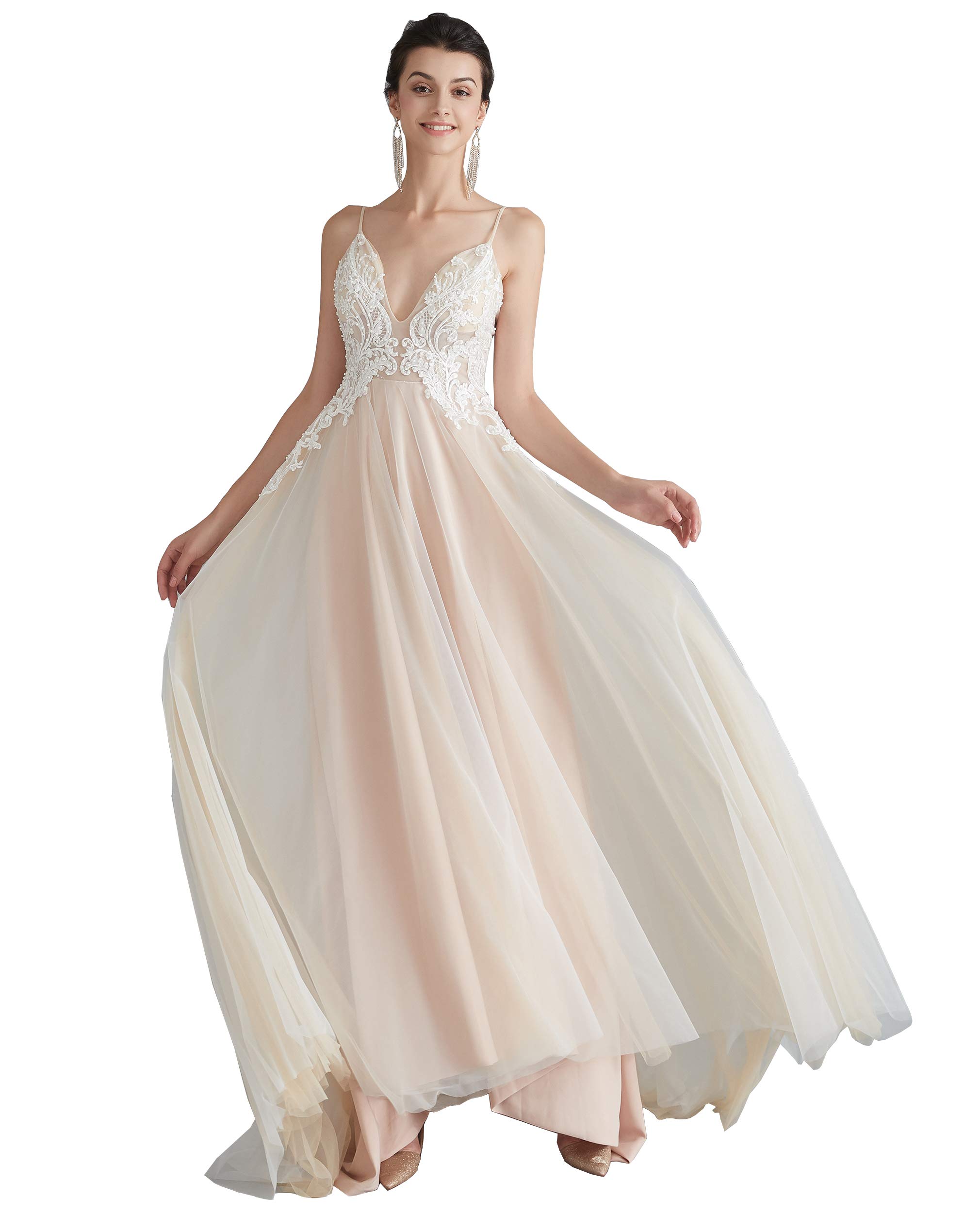 Elegant Ikerenwedding Women's V-Neck Empire Waist Applique Pearl Wedding Dress for Beach, Destination & Summer Weddings