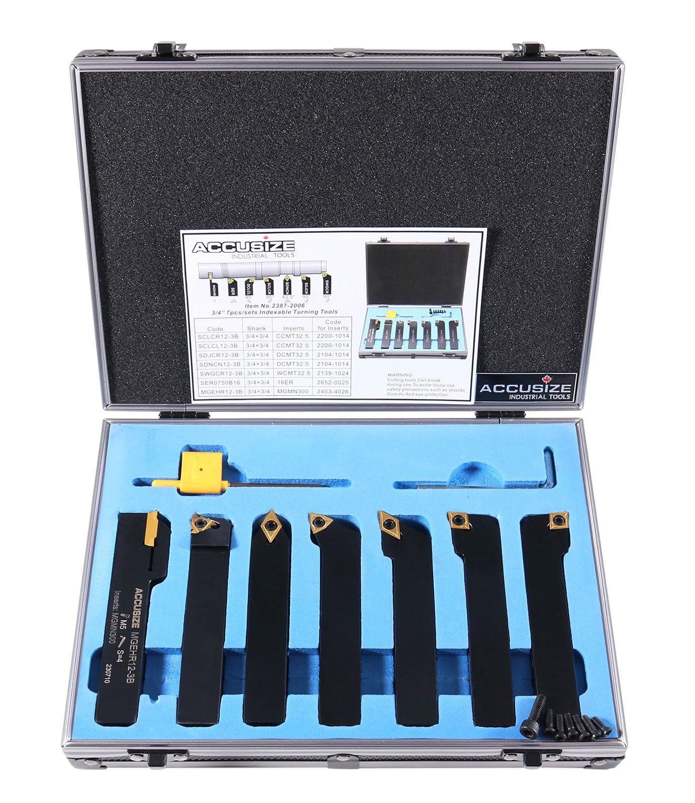 Accusize Industrial Tools 3/4'' Shank 7-Piece Indexable Carbide Turning Tool Set in Fitted Box (2387-2006) - Perfect for Metal Lathe Turning, Facing, and Grooving Operations