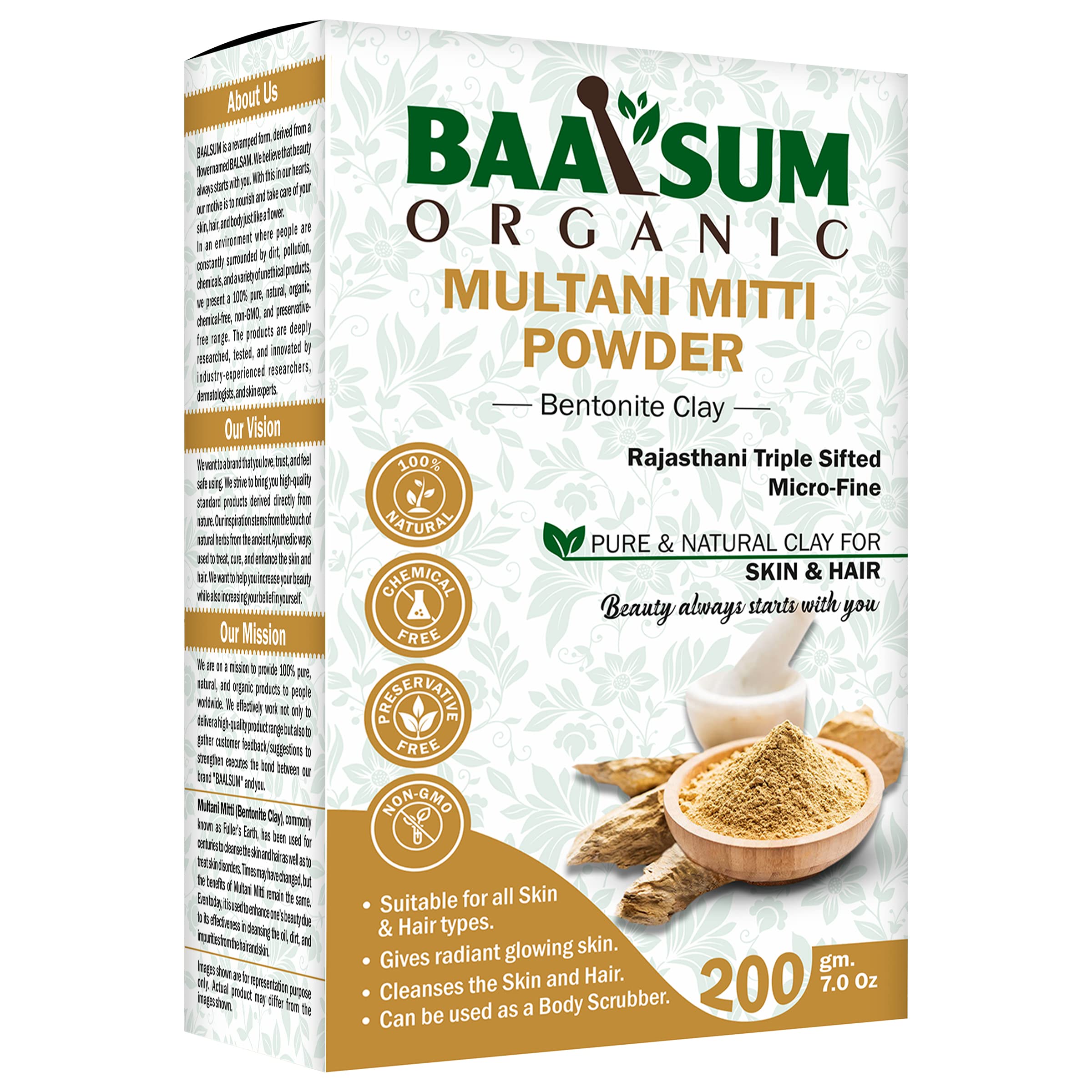 BAALSUM Organic Multani Mitti Clay Mask for Face & Hair - 100% Natural Fullers Earth Powder (200g) for Glowing Skin & Healthy Hair | Deep Cleansing, Oil Control & Brightening Treatment for All Skin Types