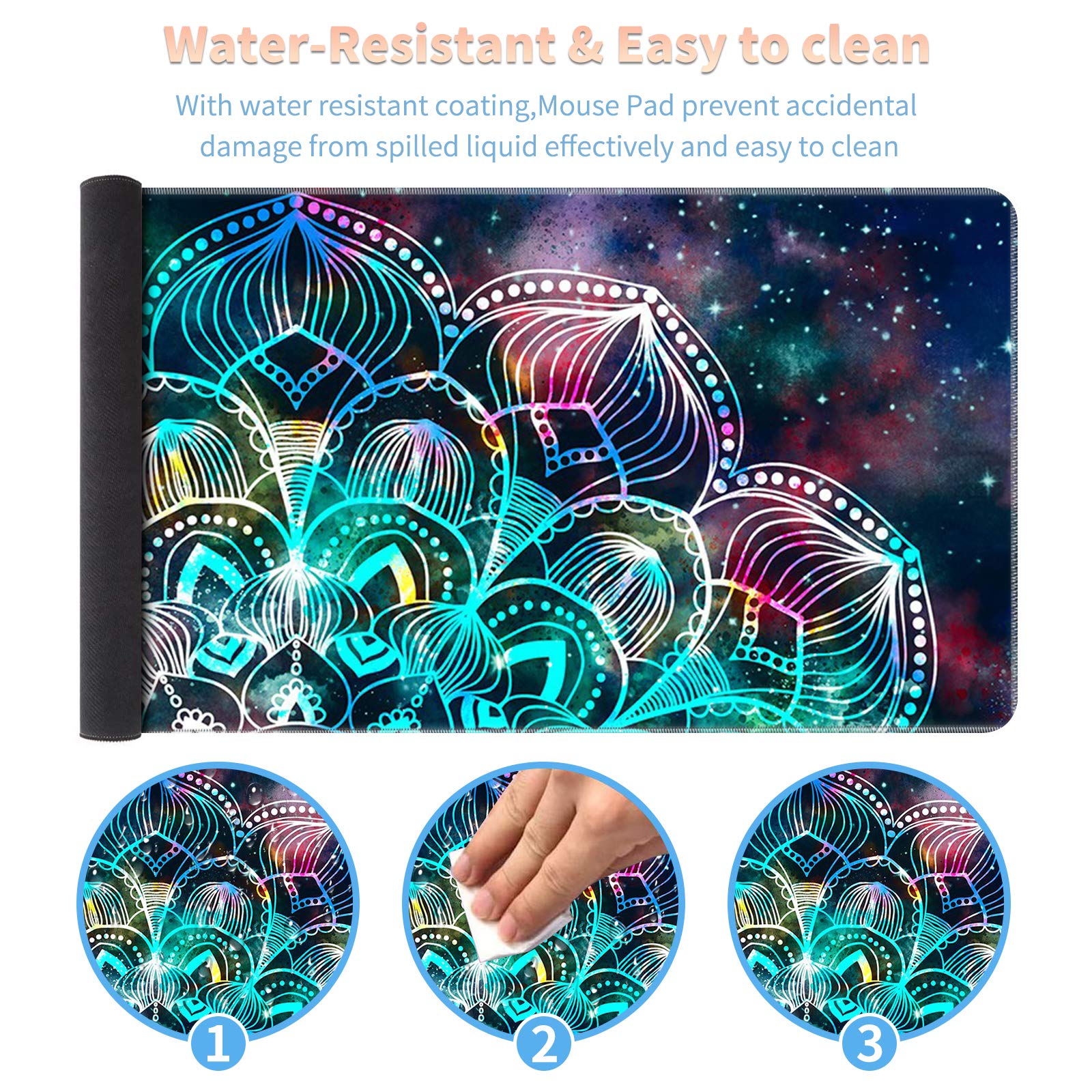Extra Large Gaming Mouse Pad with Stitched Edges - Non-Slip Desk Protector Mat for Computer Keyboard & Mouse | Mandala Art Design | Includes Free Coaster & Stickers | Perfect for Home Office, Gaming Setup & Study Accessories