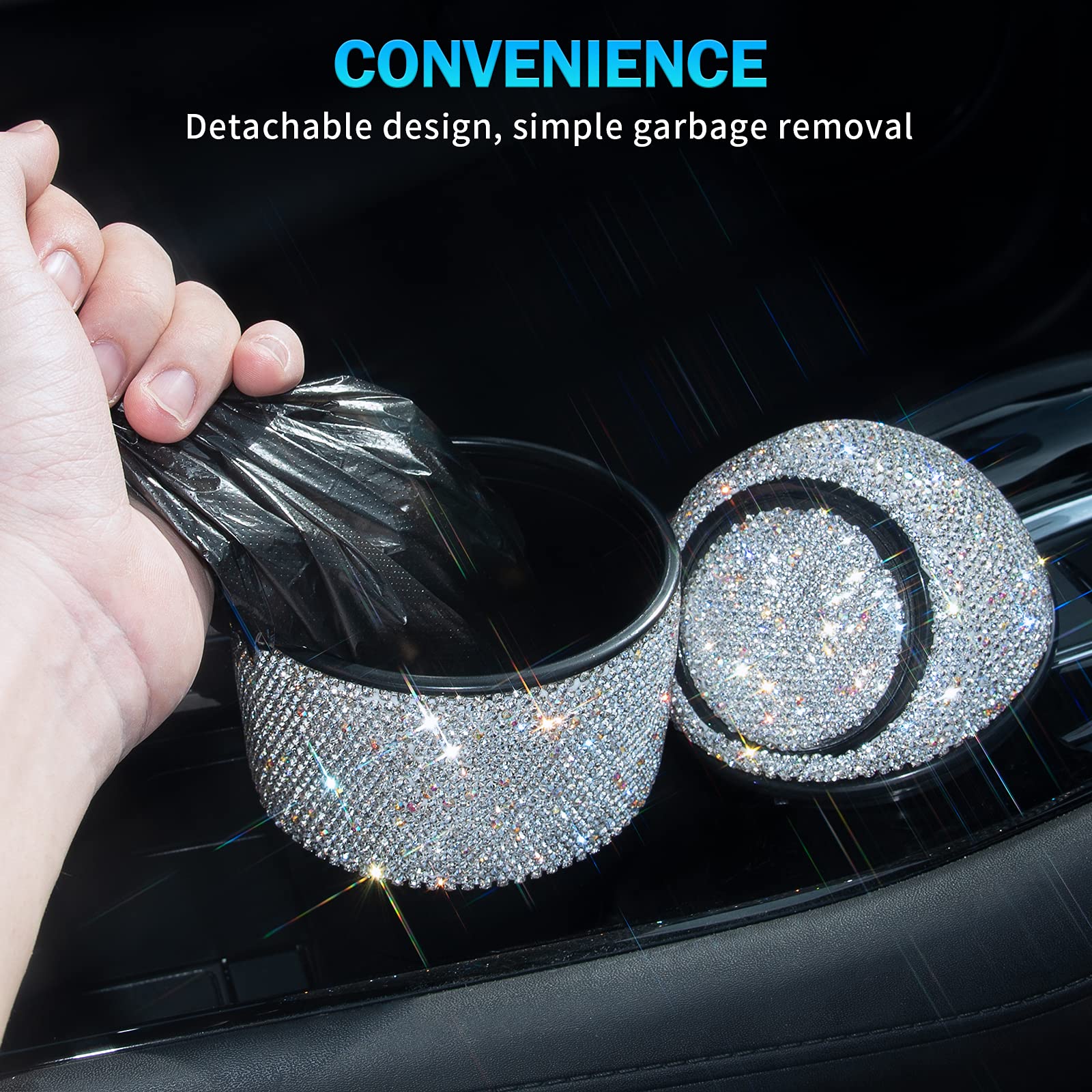 Bling Crystal Car Trash Can with Lid - Mini Auto Garbage Bin for Car, Office & Home - Includes 5 Pack Disposable Bags - Perfect for Women's Vehicles & Cup Holder Use - Silver