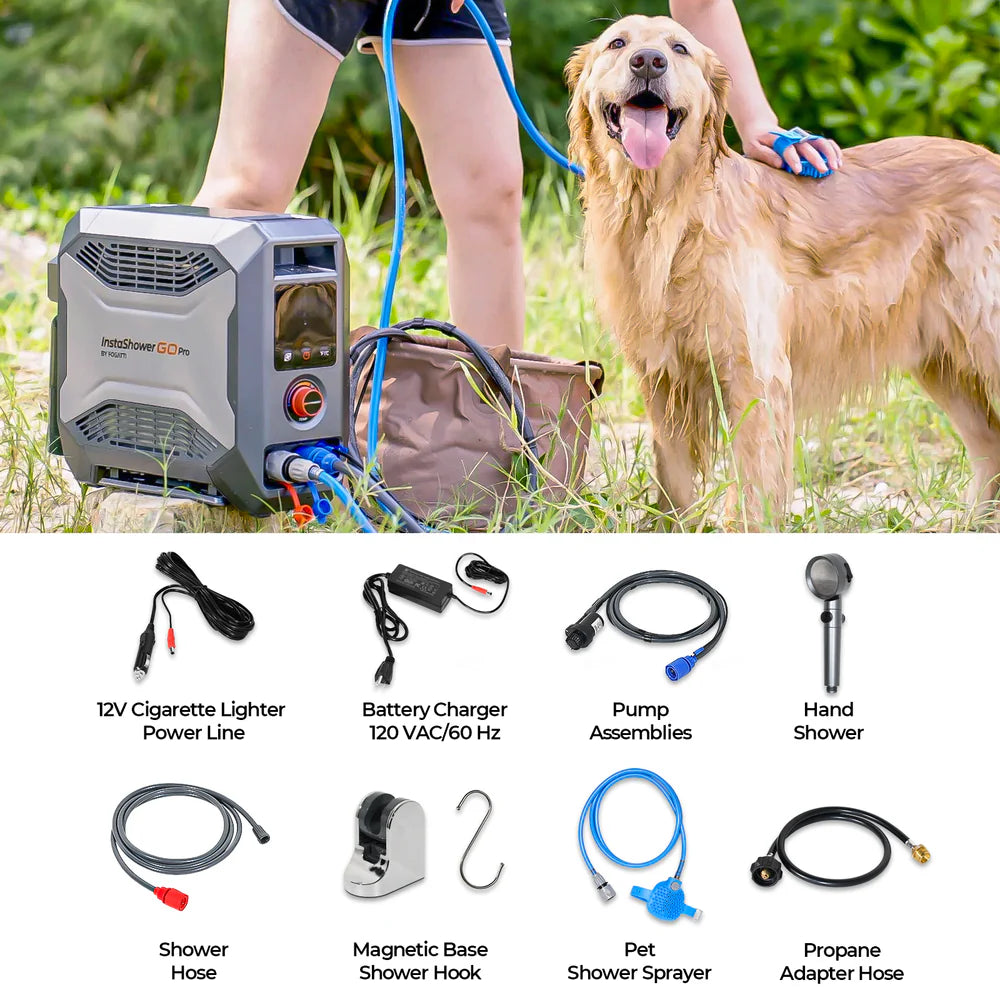 Fogatti InstaShower Go Pro Portable Water Heater with Water Pump - 22,000 BTU Propane Camping Shower for Outdoor Adventures, RV Trips & Emergency Use