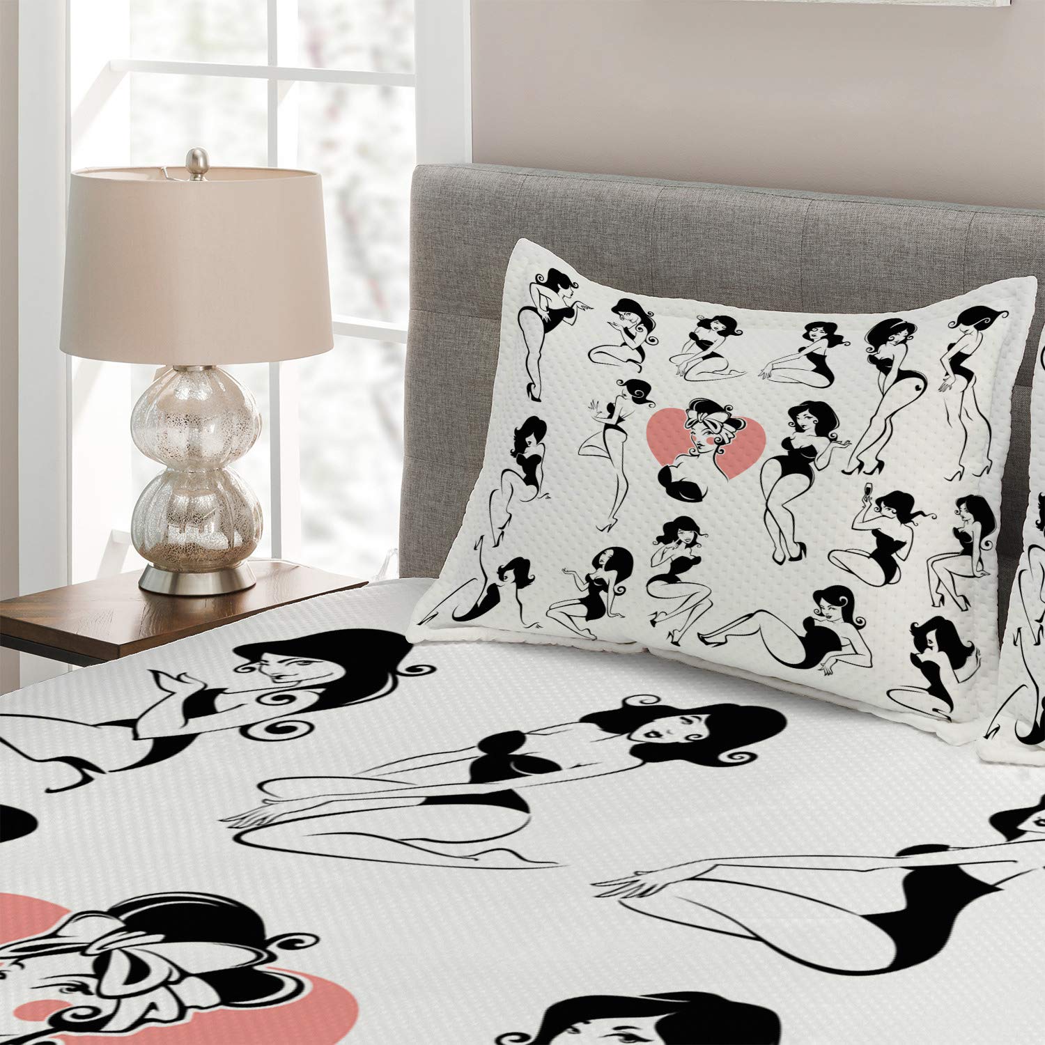Ambesonne 3-Piece King Size Quilted Bedspread Set with 2 Pillow Shams - Fashion Coverlet Featuring Full Body Girl Model with Heart Tattoo Design in Black & White | Luxury Bedding for Master Bedroom, Guest Room & Photo Shoot Backdrops