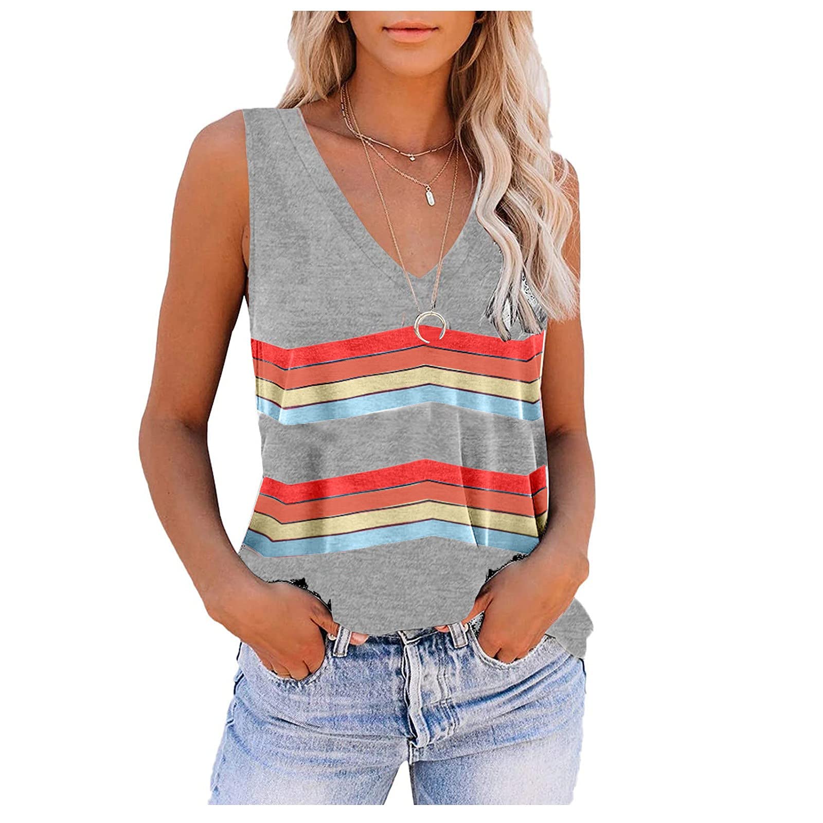 Qopobobo Women's Striped Printed Tank Tops - Loose Fit Summer Tunic Tee Shirts & Casual Blouses | Comfortable Vest for Beach, Travel & Everyday Wear