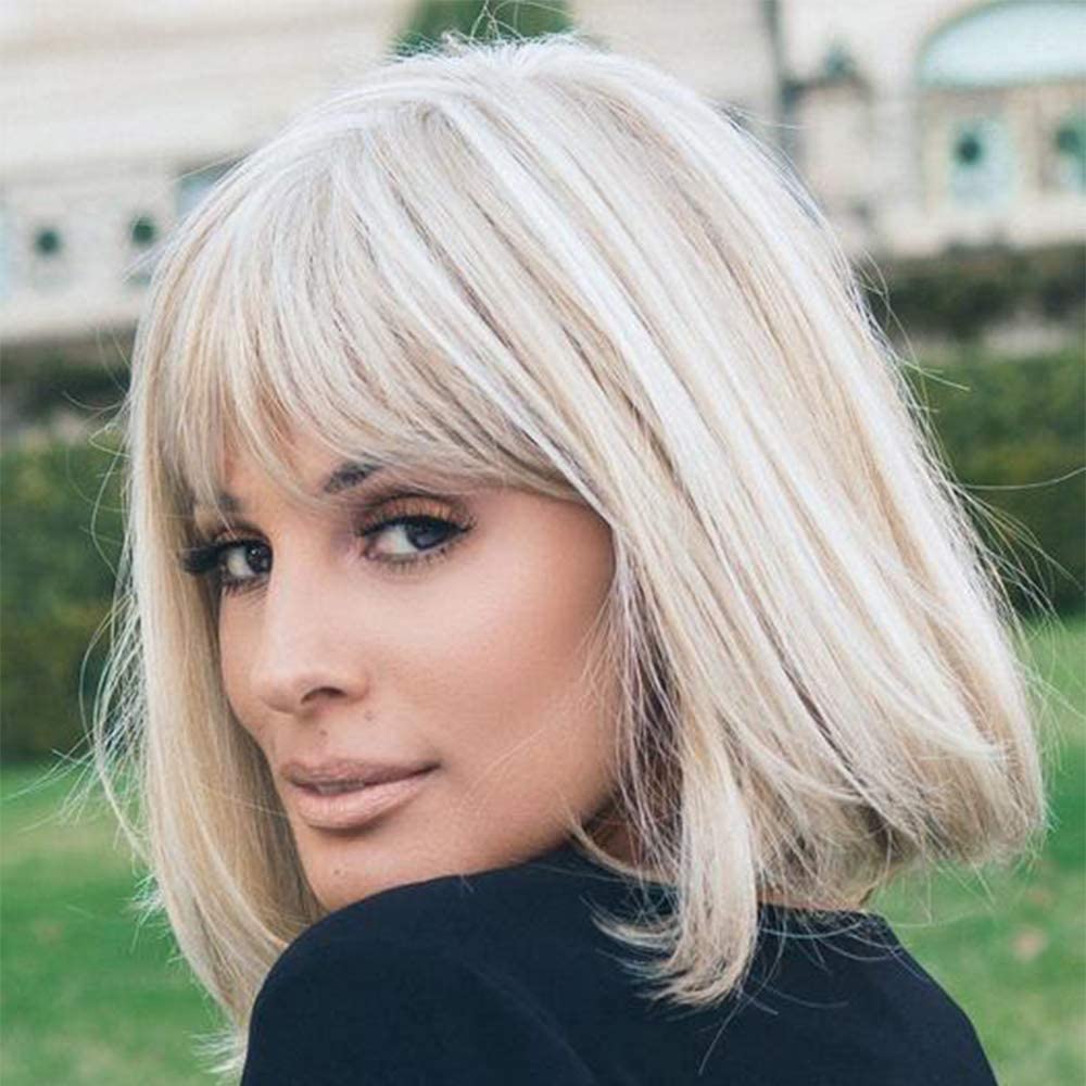 HAIRCUBE 12 Inch Blonde to White Ombre Bob Wig with Bangs - Heat Resistant Synthetic Hair for Women | Cosplay, Costume Parties & Daily Fashion
